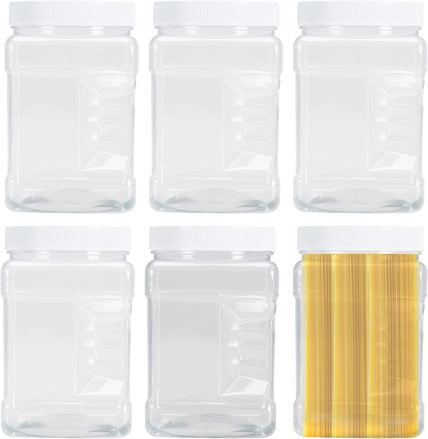 6 Pack Square Plastic Jars with Lids, 30 Oz Clear Rectangular 4-Cup Containers w