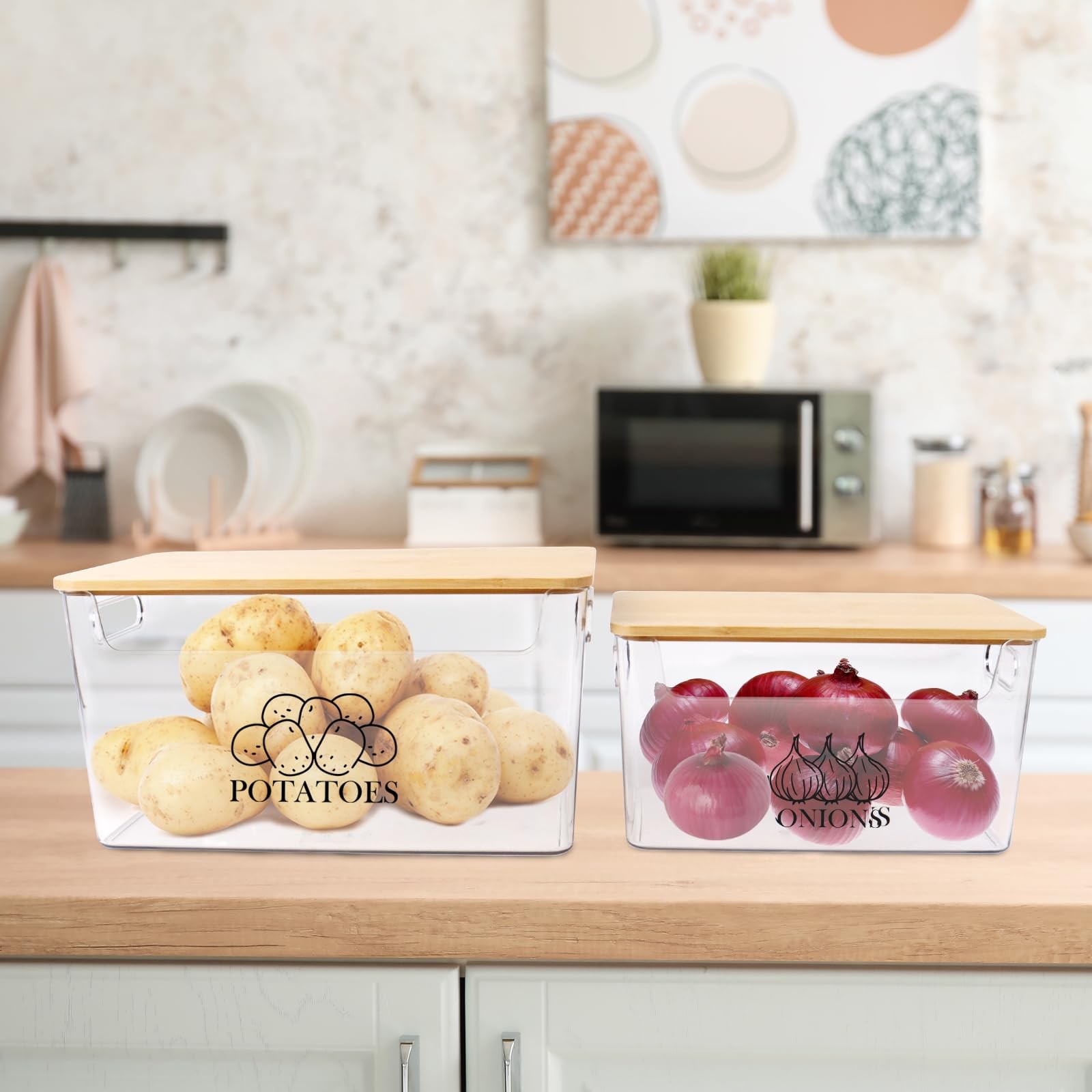 Xbopetda Potato & Onion Storage, Bamboo Lid, Transparent Acrylic Bin, 2 Set S…