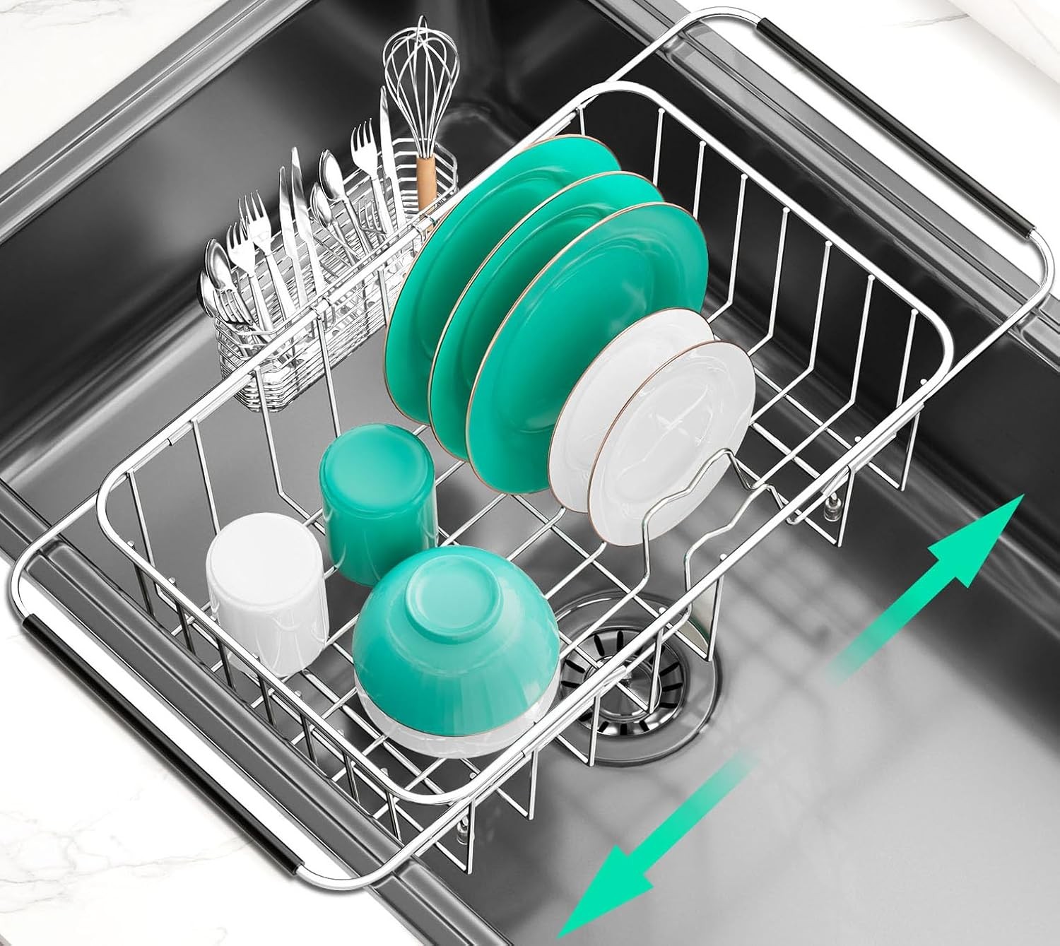 Dish Drainer Rack in Sink Adjustable, Expandable 304 Stainless Steel Metal Dish