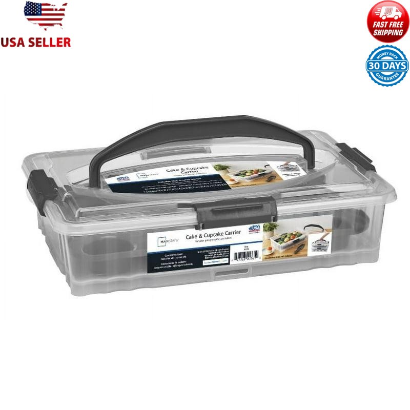 Dessert Carrier Rectangular Clear Plastic W/ Dark Gray Handle & Lid Stackable
