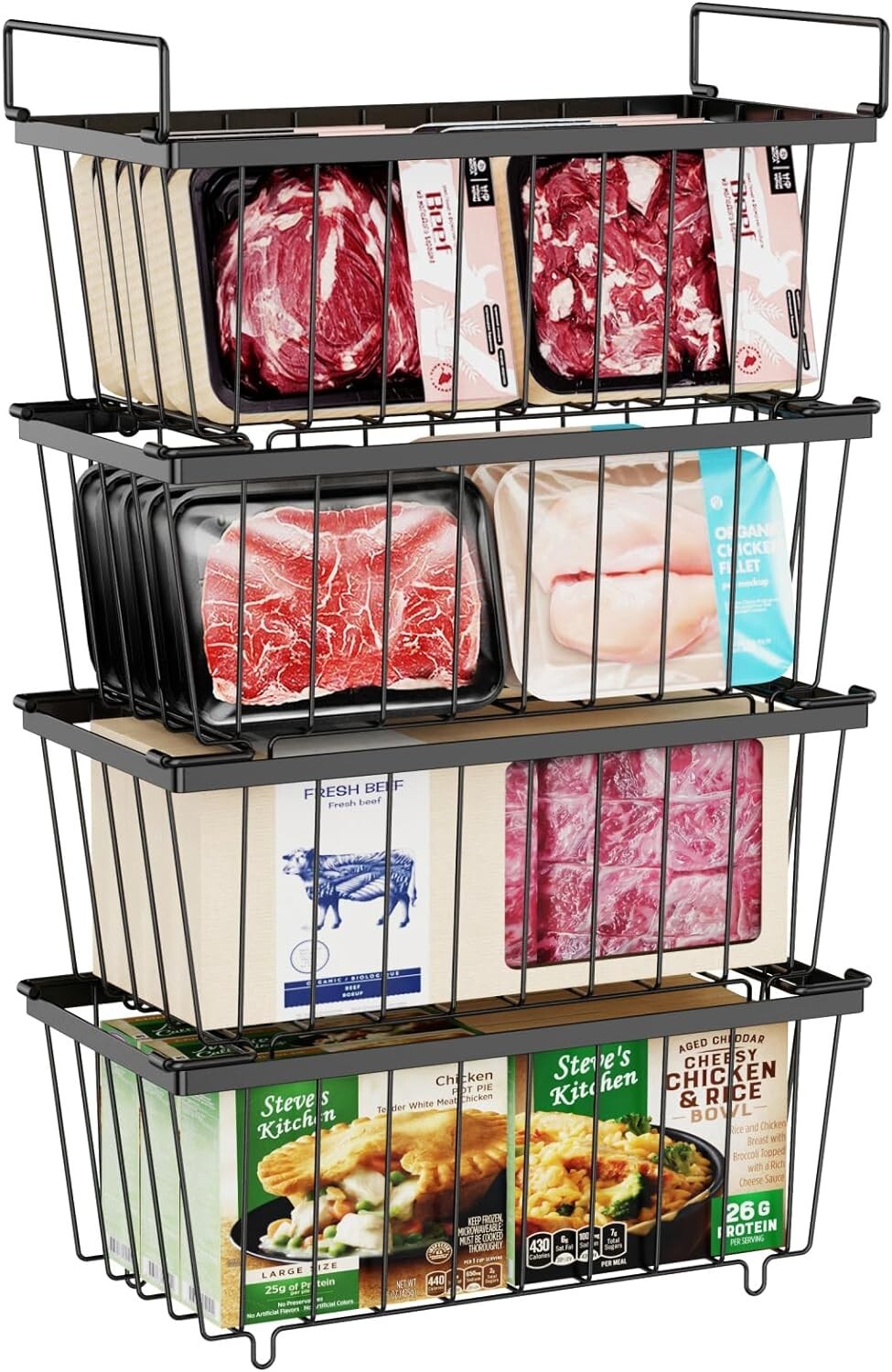 Deep Freezer Organizer Bins – Stackable Chest Freezer Organizer – 4 Pack, Black
