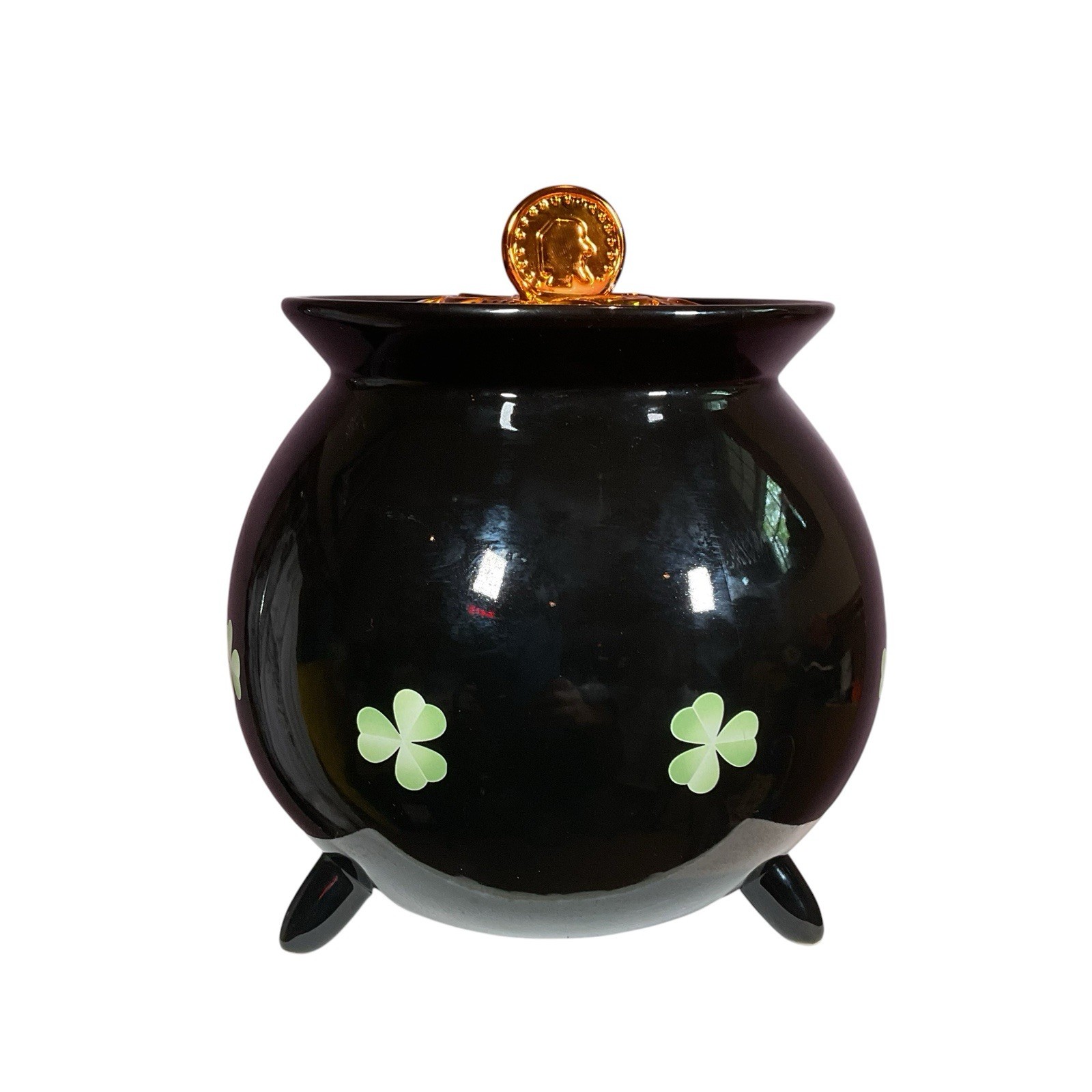 Pot of Gold Irish Footed Cookie Jar Shamrock Clover Coin Lid Marcus Notley