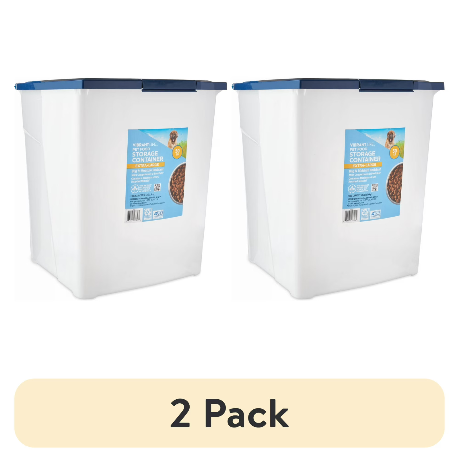 (2 pack) Vibrant Life Plastic Pet Food Storage Container with Locking Lid, 50 lb