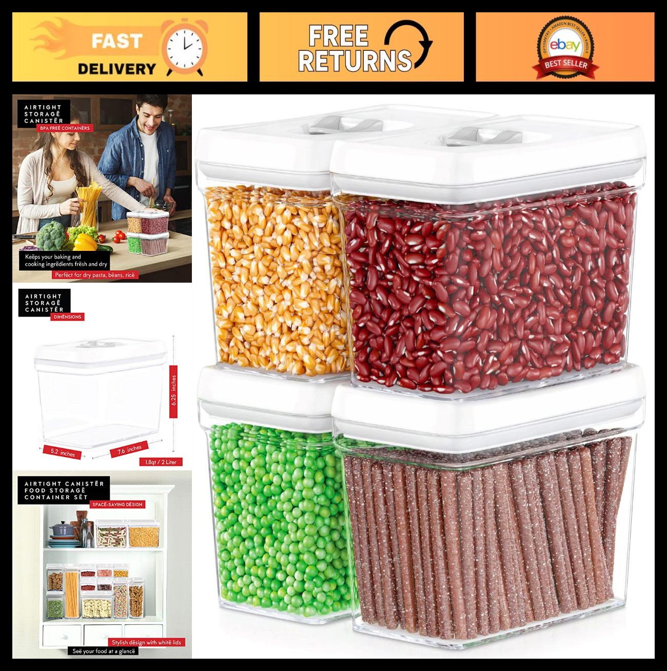 Airtight Food Storage Containers Set – 4PC Clear BPA-Free Canisters for Pantry,