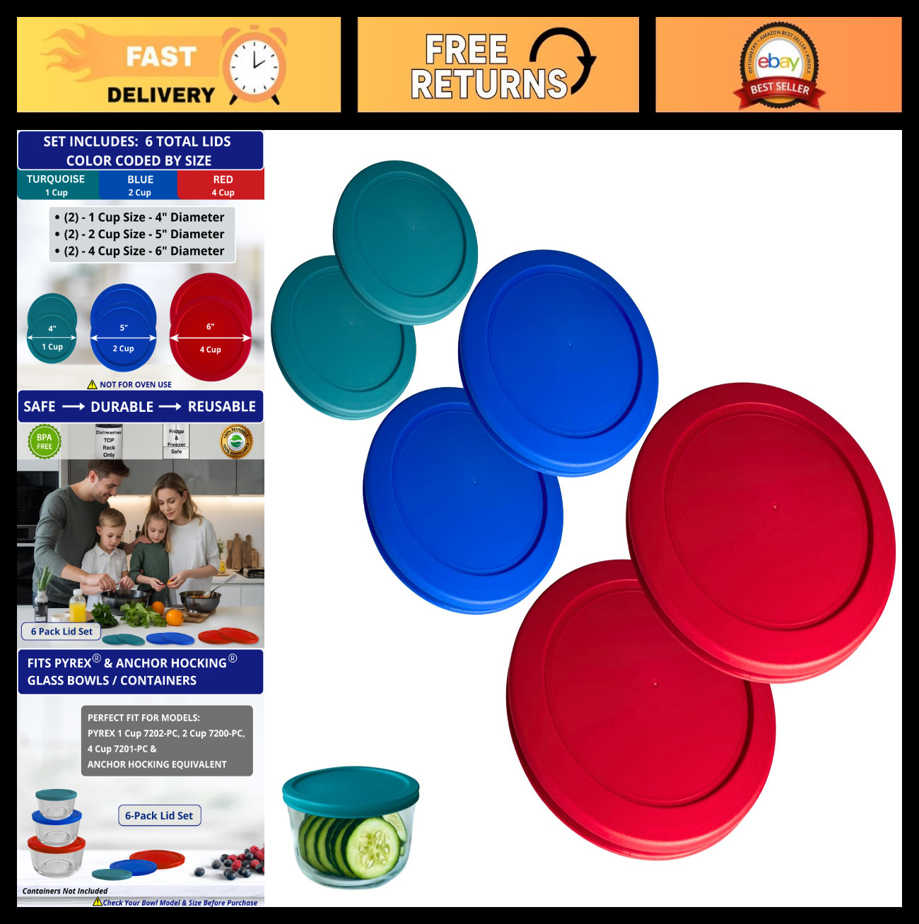 Replacement Lids for 1, 2 & 4 Cup Storage Bowls – Turquoise, Blue, Red – 6 Pack