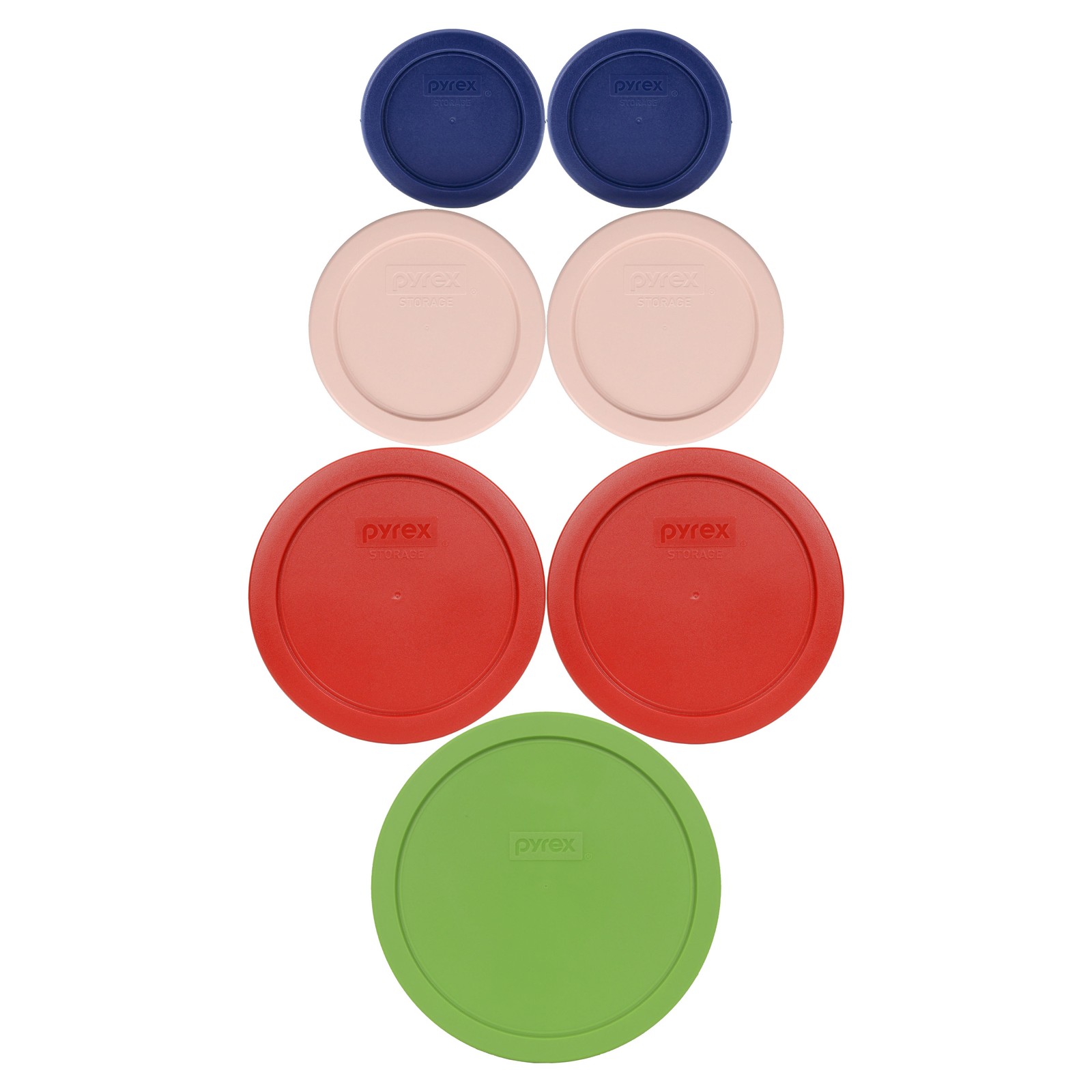 Pyrex Lids: (2) 7202-PC BL, (2) 7200-PC RSW, (2) 7201-PC PR, (1) 7402-PC GN