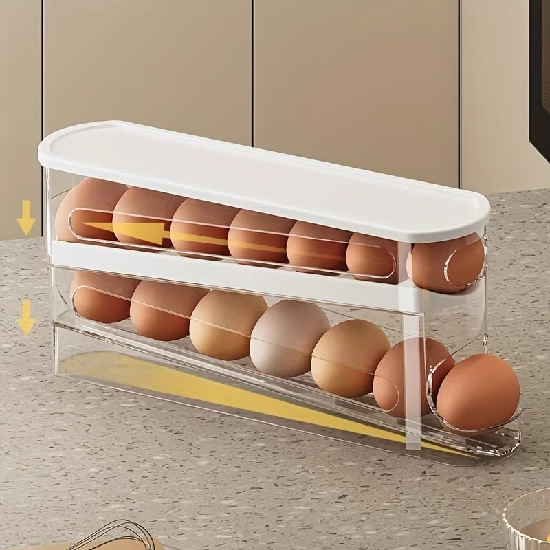 Double Layer Automatic Rolling Egg Storage Container 12-14 Eggs Hinged Design PP