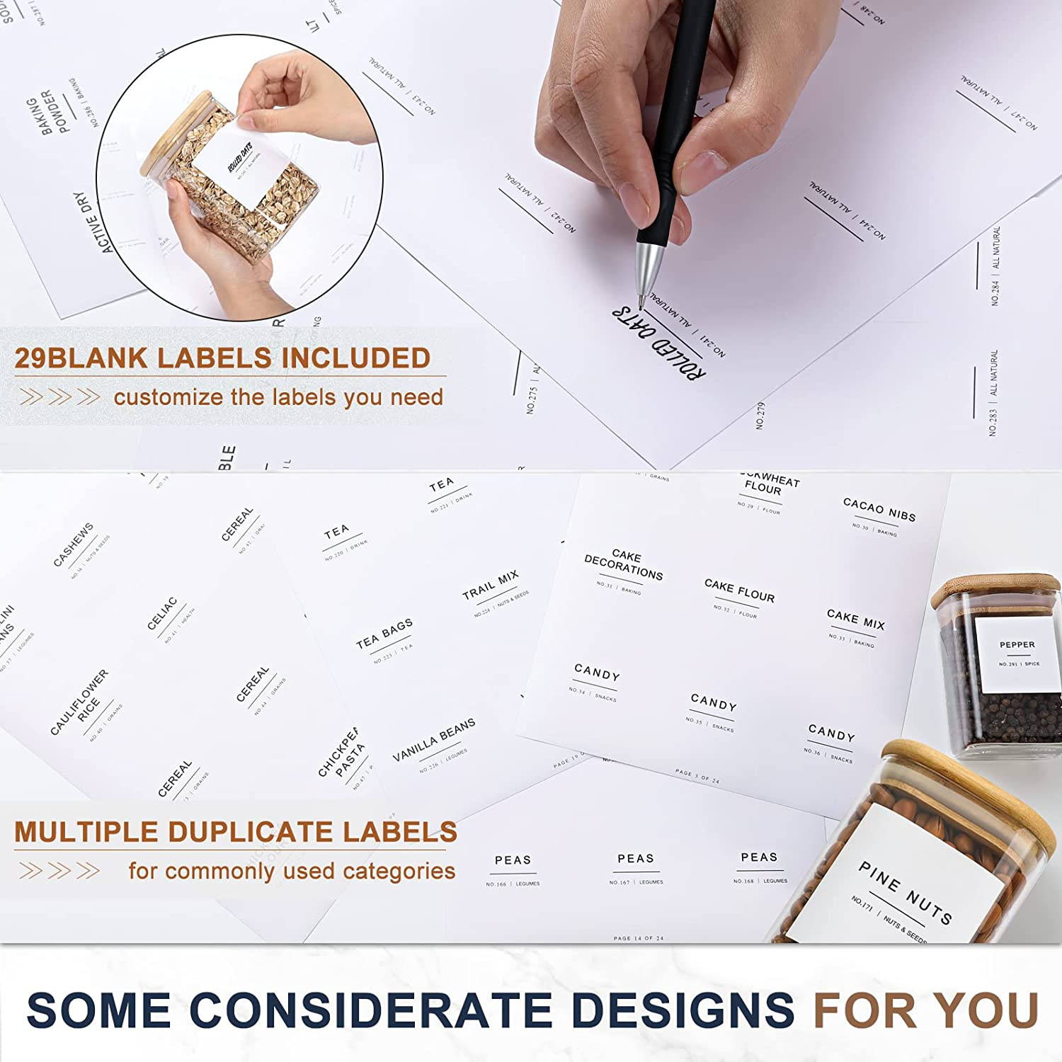 308 Kitchen Pantry Labels for Food Containers, 3 Sizes White Minimalist Organizi