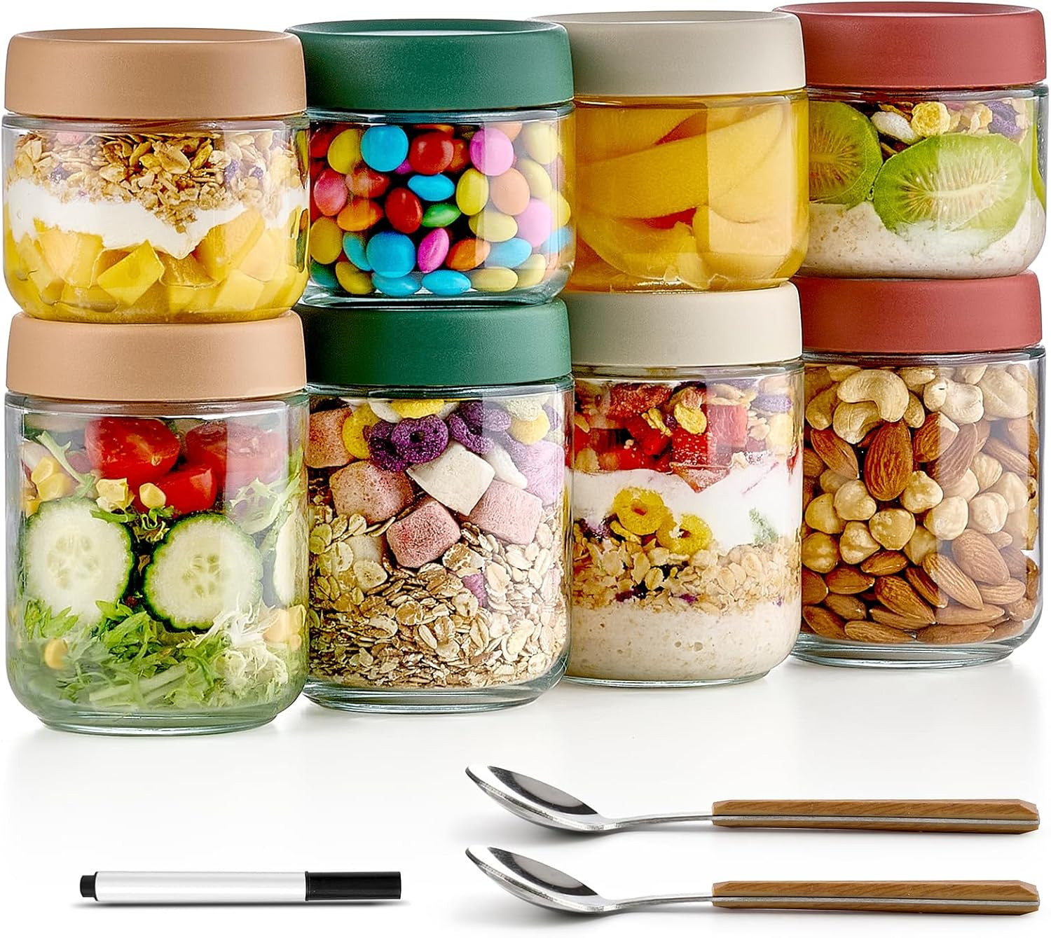 8 Pack Overnight Oats Containers with Lids 16Oz 10Oz Glass Mason Jars Meal Prep