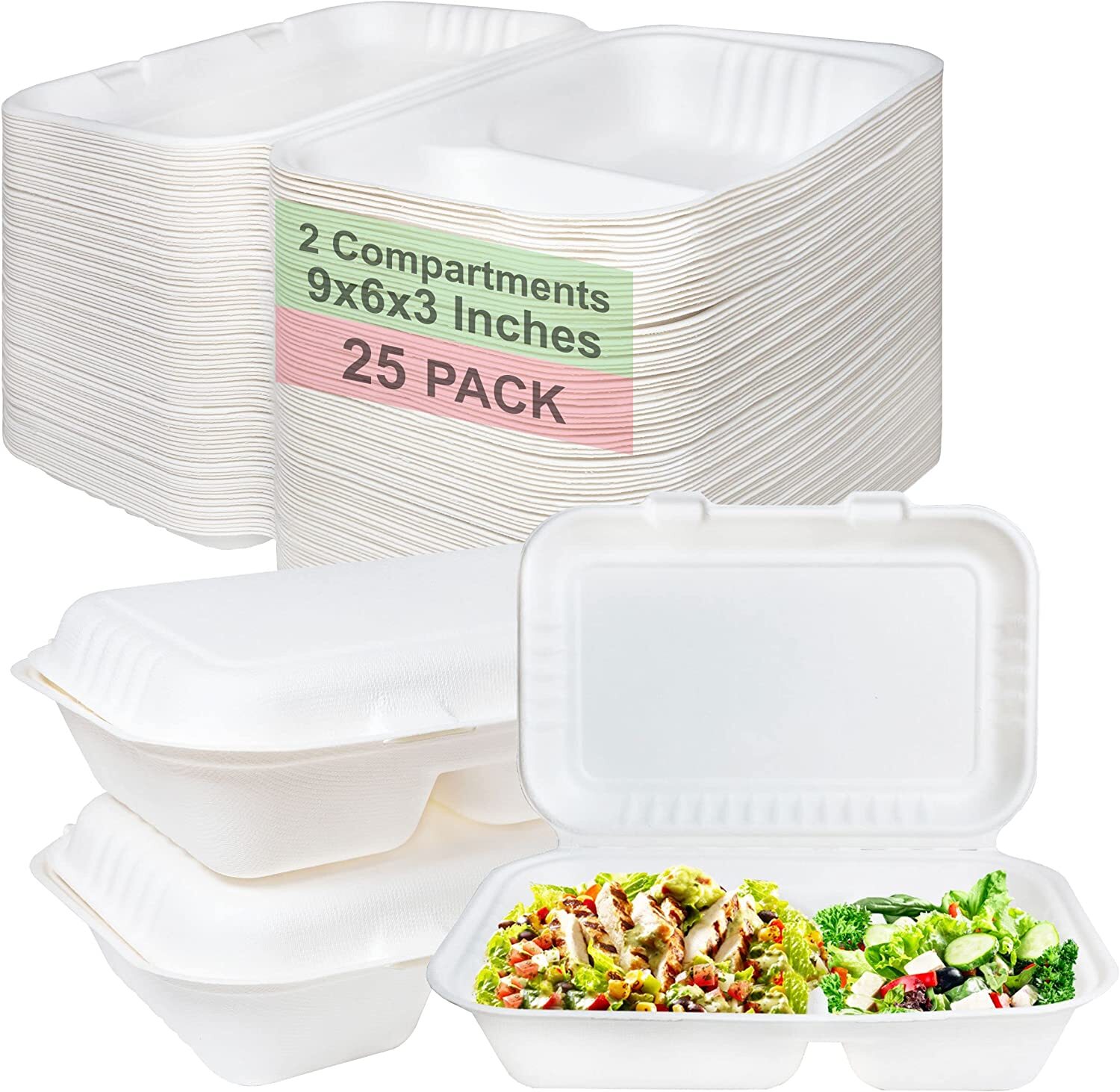 Compostable 2-Compartment Clamshell 9×6 Food Take Out Box Disposable ToGo 50pcs