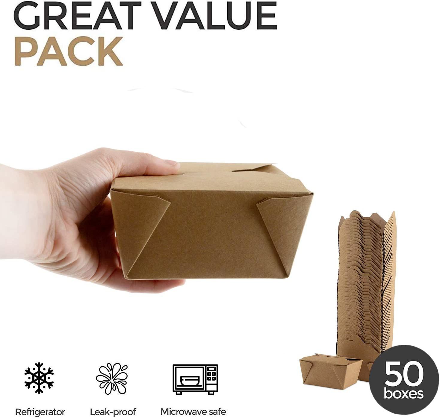 Disposable Paper Boxes 50PK – Microwave Safe, Leak Resistant for Take Out