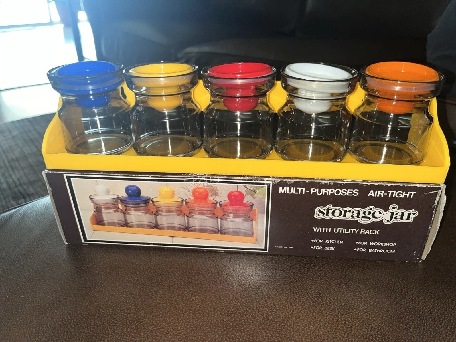 Vintage MCM Multi-purpose Multi- color Storage Jar set with utility Rack