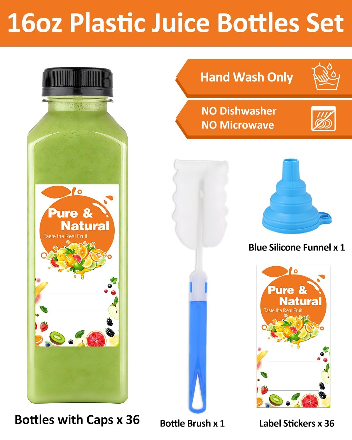 36 Pack 16oz Plastic Juice Bottles with Caps, Empty Reusable Bottles for Juic…