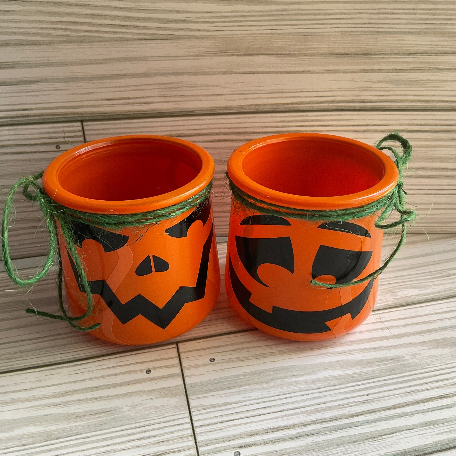 Pair of Pumpkin upcycled Oui yogurt succulent pot, votive holder