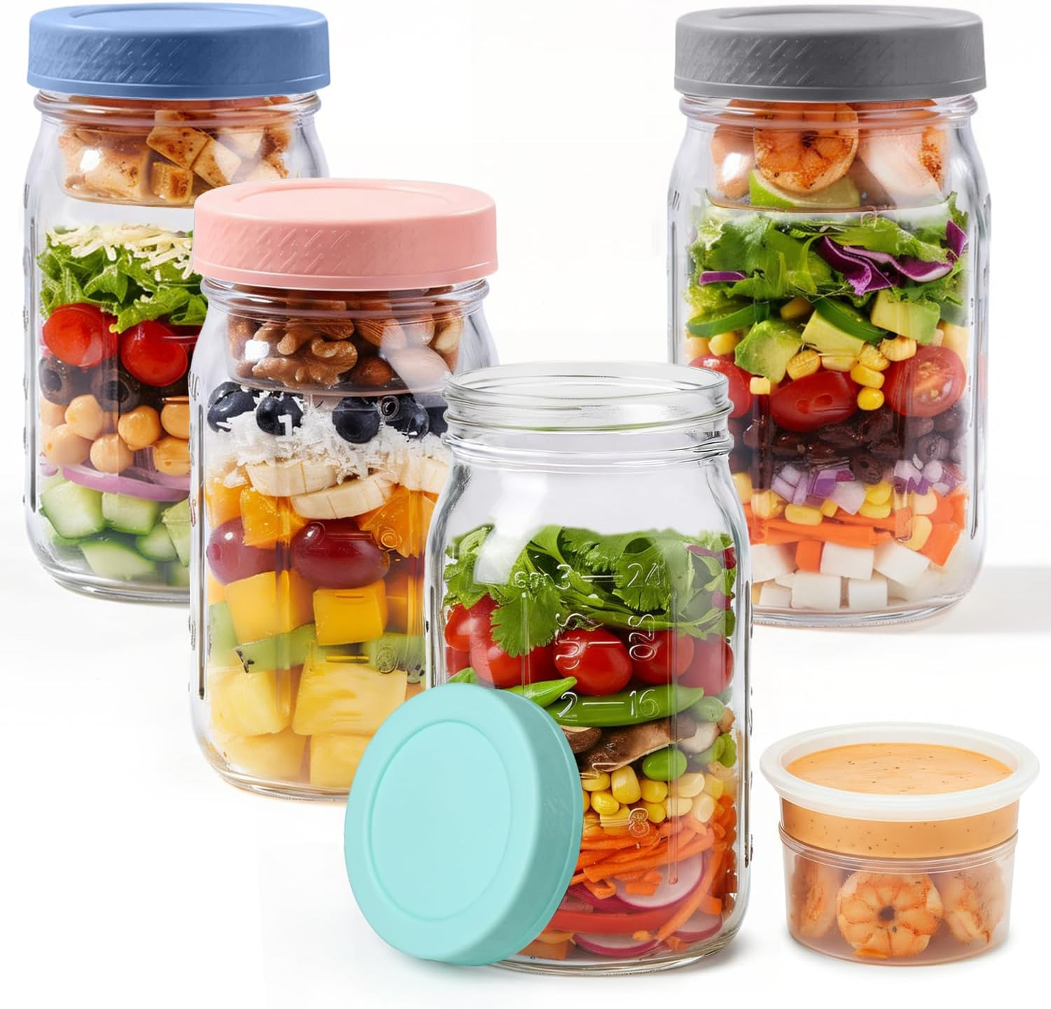 32Oz 4 Pack Glass Salad Jars with Lids for Meal Prep & Work Lunch | 2 Built-In C