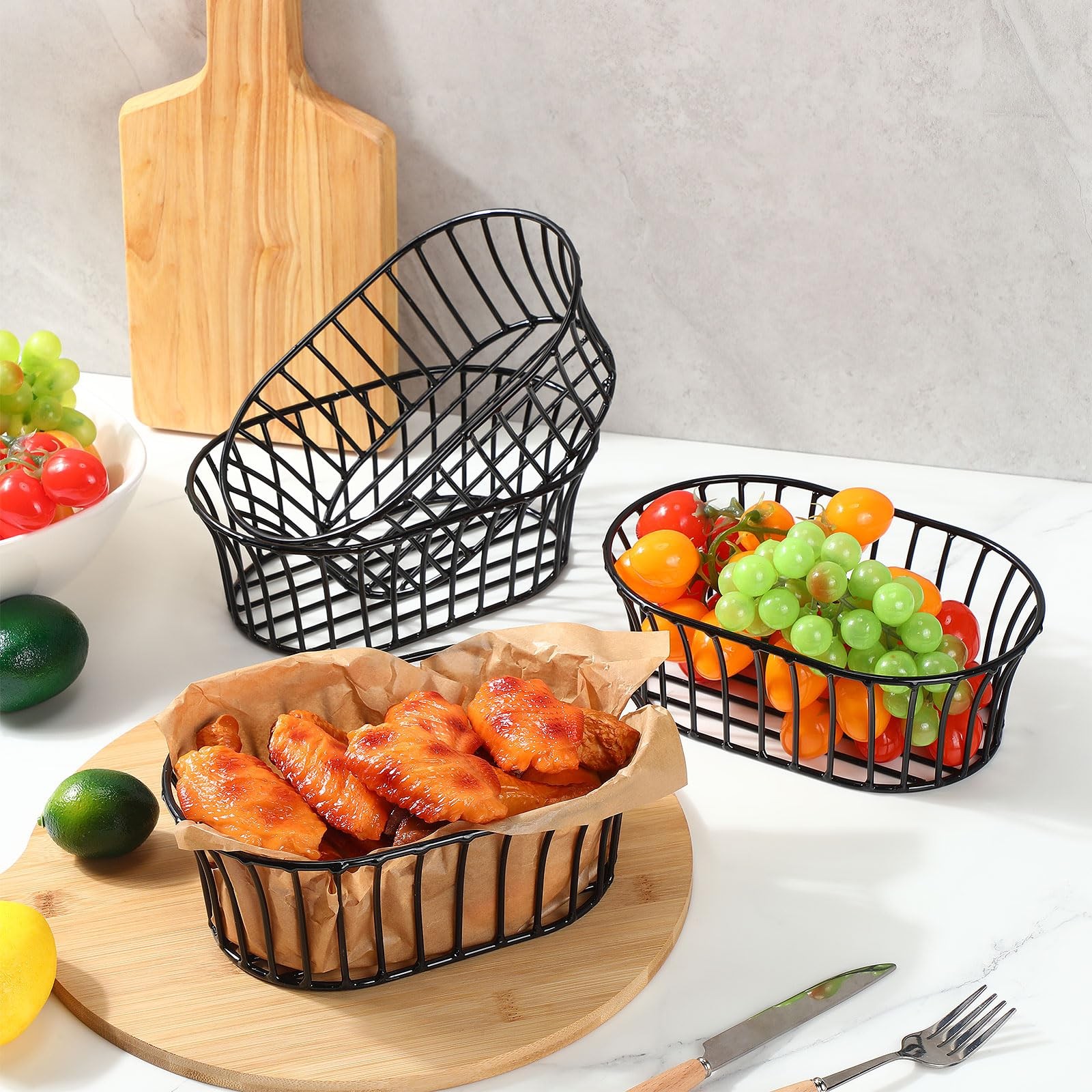 4 Pcs Wire Bread Basket 8.5 x 5.5 Inch Oblong Black Iron Wire Baskets for Ser…
