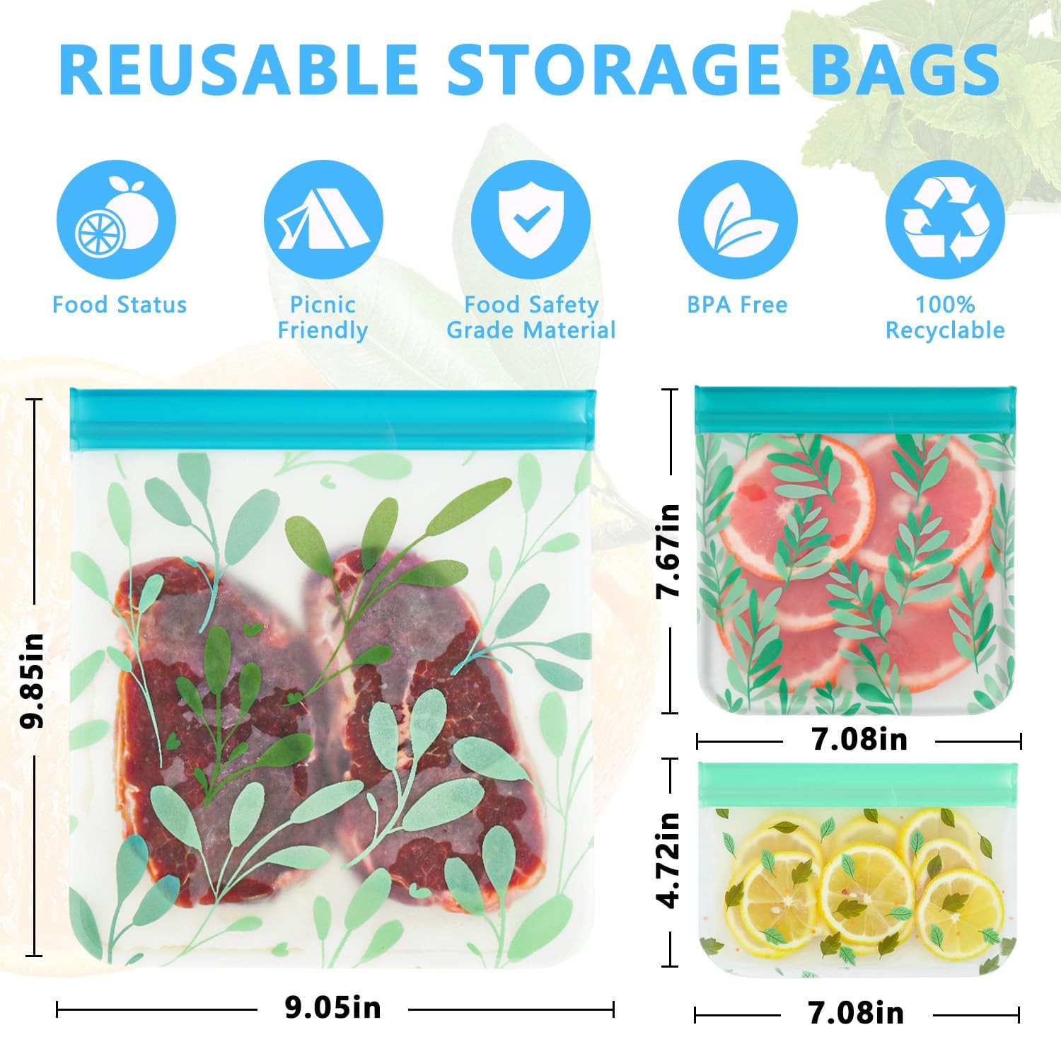10 Pack Dishwasher Safe Reusable PEVA Food Storage Bags, 10 packs, 10Pack