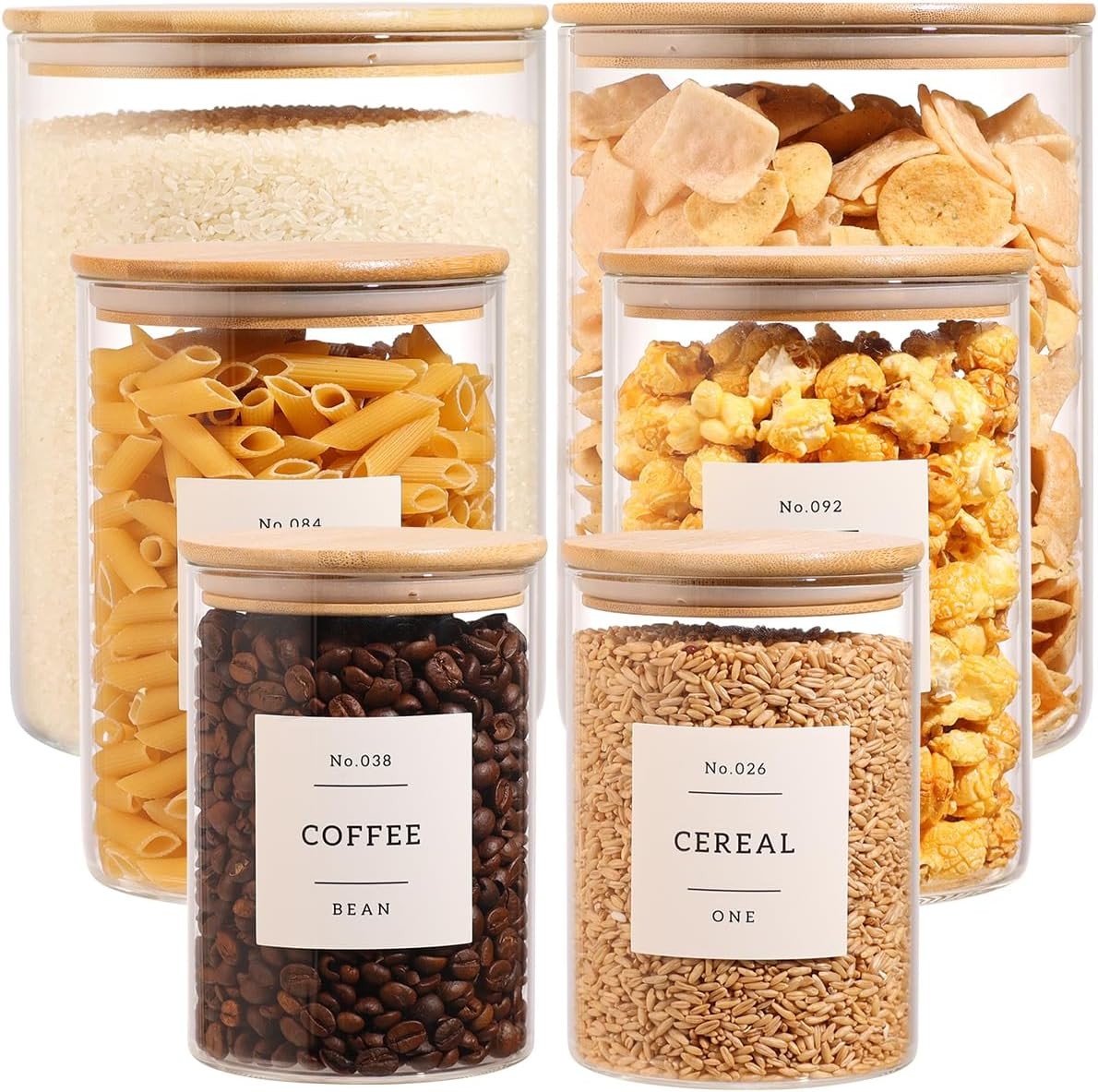 6-Pack Borosilicate Glass Storage Jars with Bamboo Lids + 132 Pre-Printed Pantry
