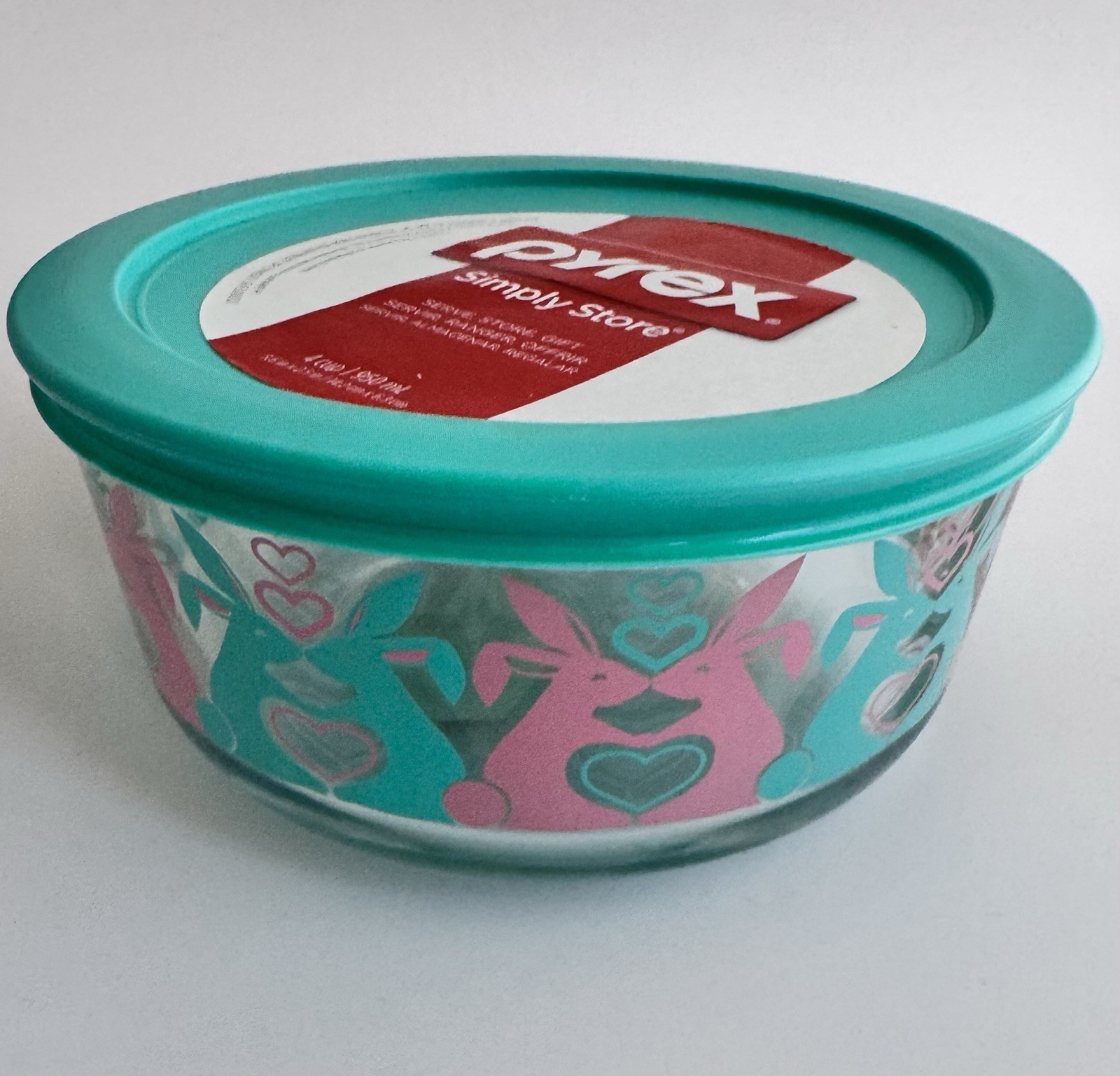 Pyrex Easter Glass Bowl 4 Cup Bunny Rabbit Hearts with Lid Blue Pink Storage