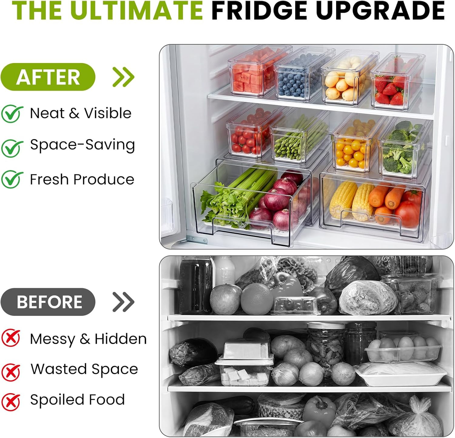 6Pack Fridge Organizers and Storage,Stackable Fridge Organizer Bins with Lids, 2