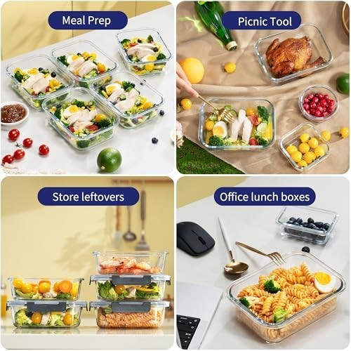 5-Pack 36 OZ Glass Storage Containers with Lids, Glass Meal Prep Containers Set,