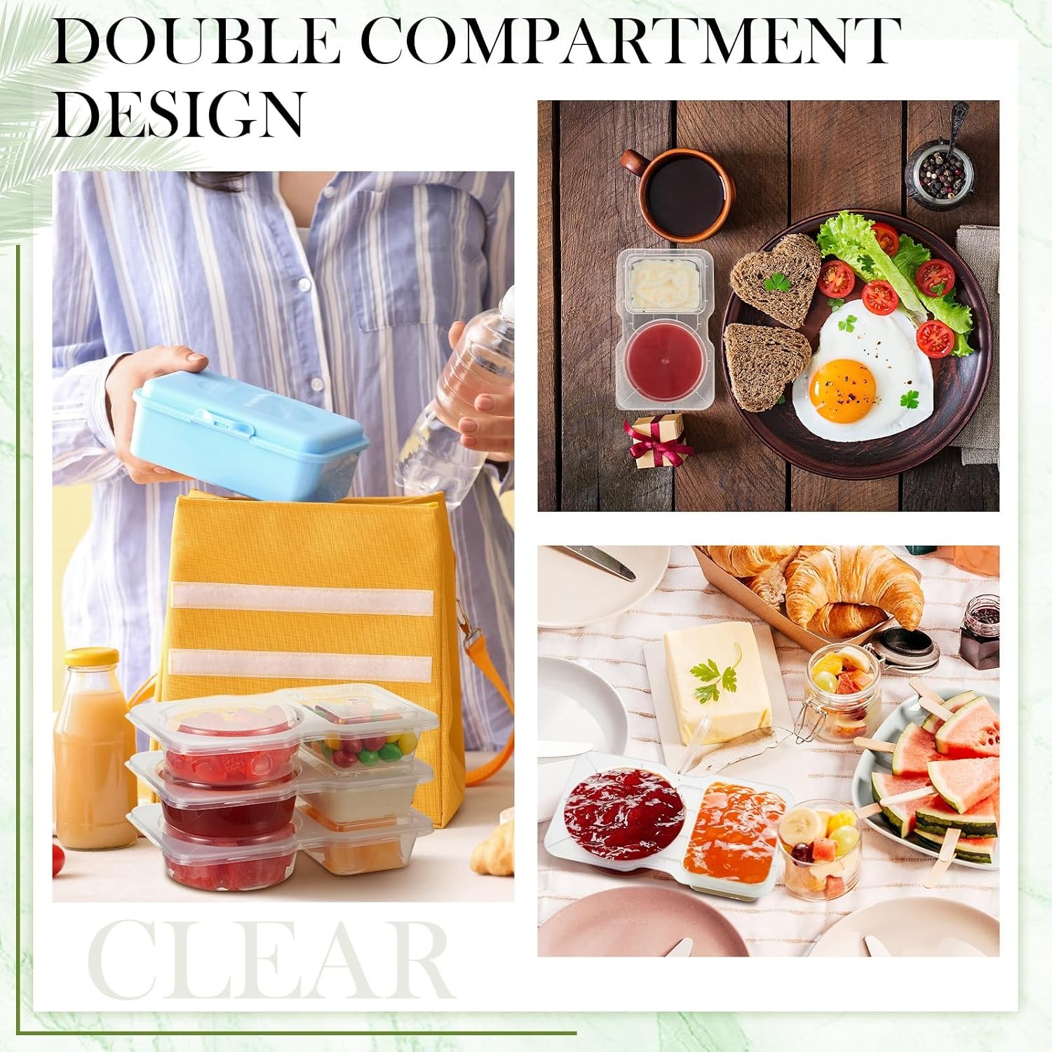 10 Pcs Pack Snack Containers with Lids, 5 oz Double Compartment Plastic Food