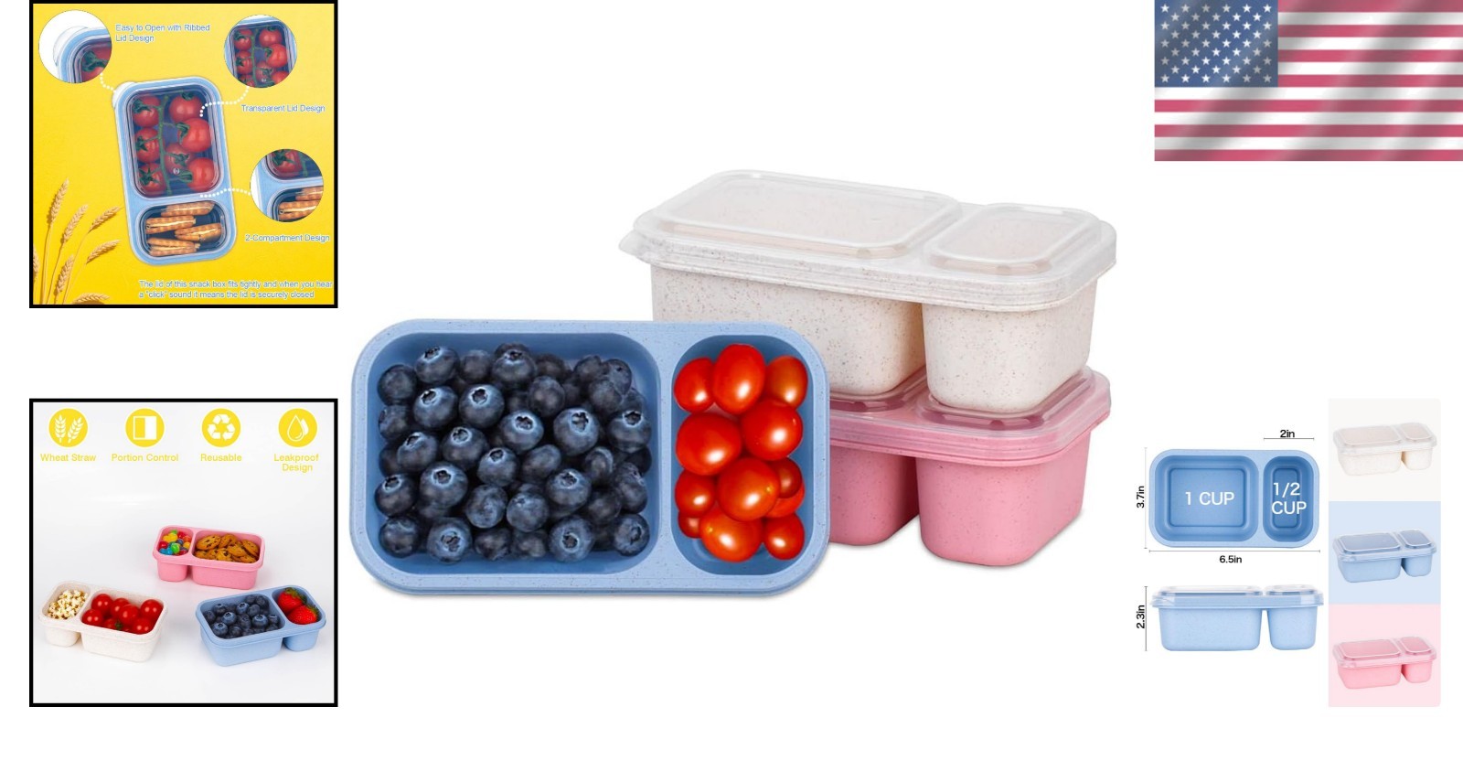 Reusable Snack Containers with Lids 2-Compartment Food Storage Packs