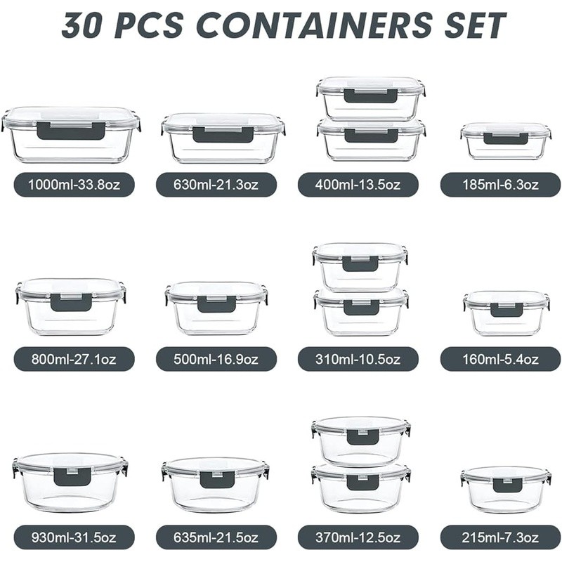30 Piece Glass Meal Prep Containers Set Airtight Storage BPA Free Safe Portable