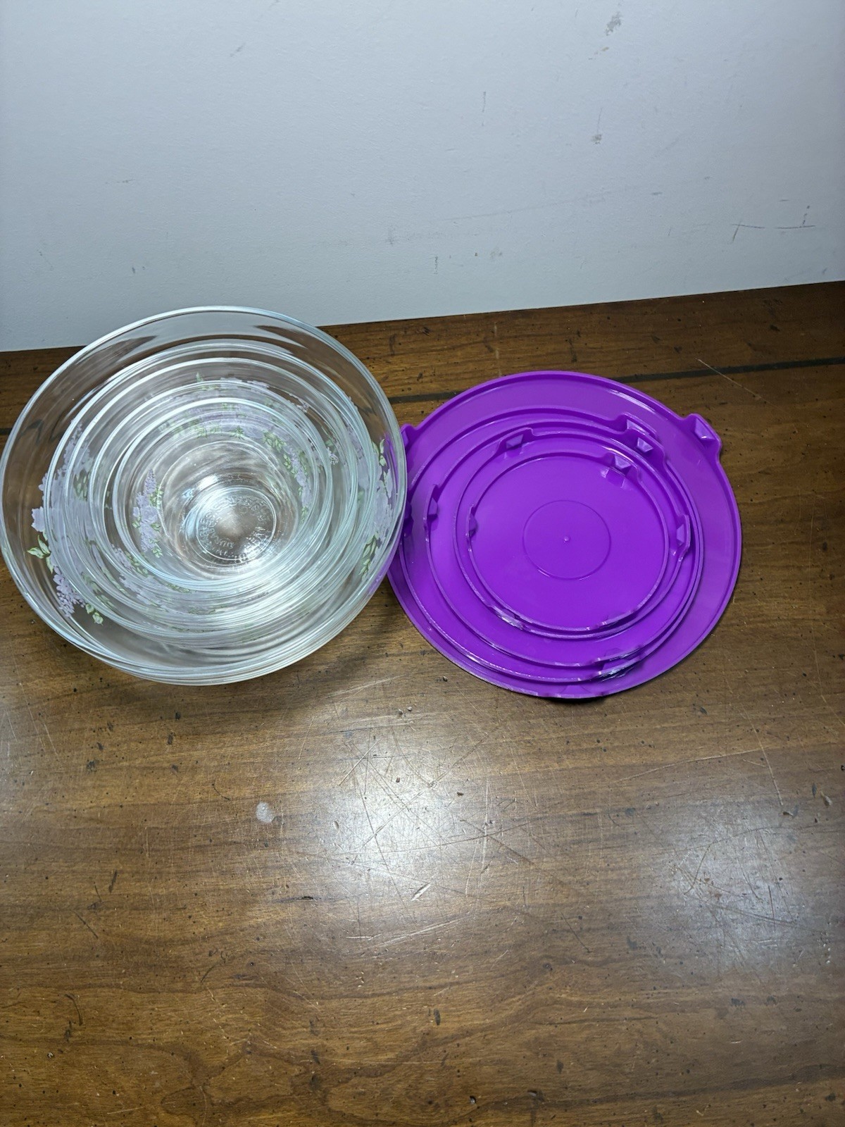 Vintage Durable Imperial 10p Nesting Glass Bowl Set w/ Purple Lids Floral Design