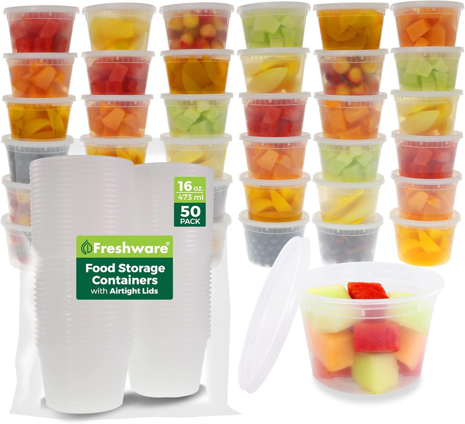 Food Storage Containers [50 Set] 16 oz Plastic Deli Containers with Lids, Slime