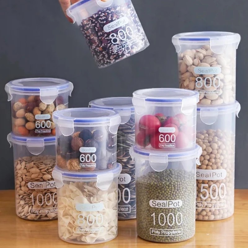 Airtight Grain Storage Container Clear Food Jar Kitchen Organizer 600-1500ML