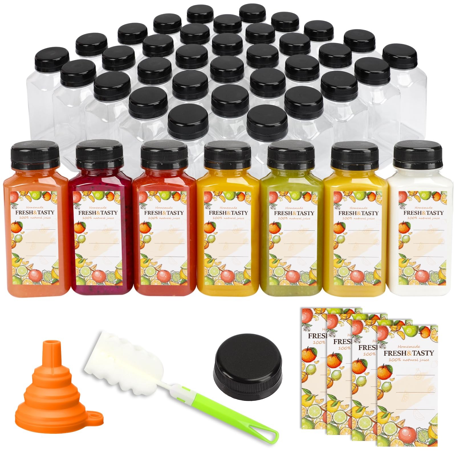 TOMNK 45pcs 8oz Plastic Juice Bottles with Black Caps Empty Reusable Clear