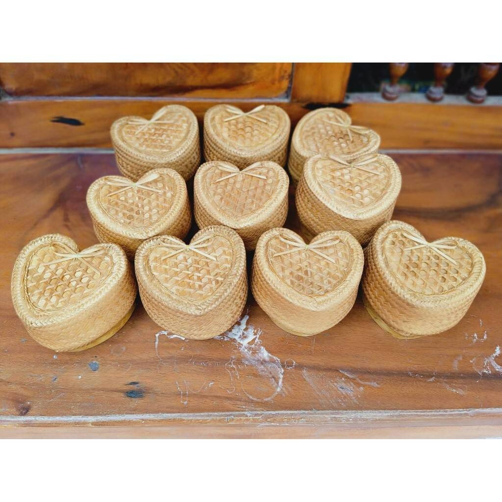 5″Heart Kratip Bamboo Thai Basket StickyRice Woven Primitive Gathering Handmade