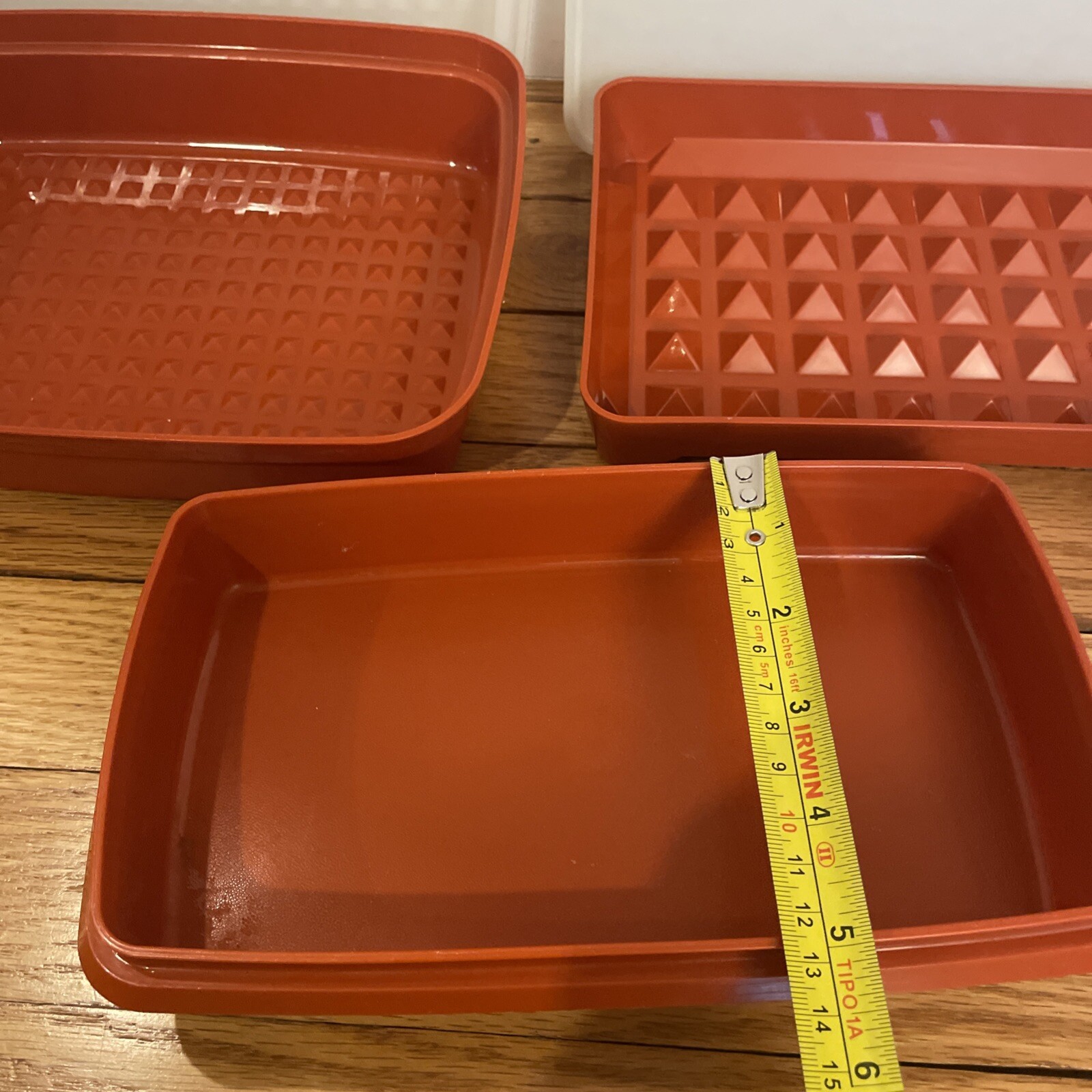 Vtg 6 Pc Lot Tupperware Orange Rectangle w/Clear Lids Meat Keeper Storage Retro