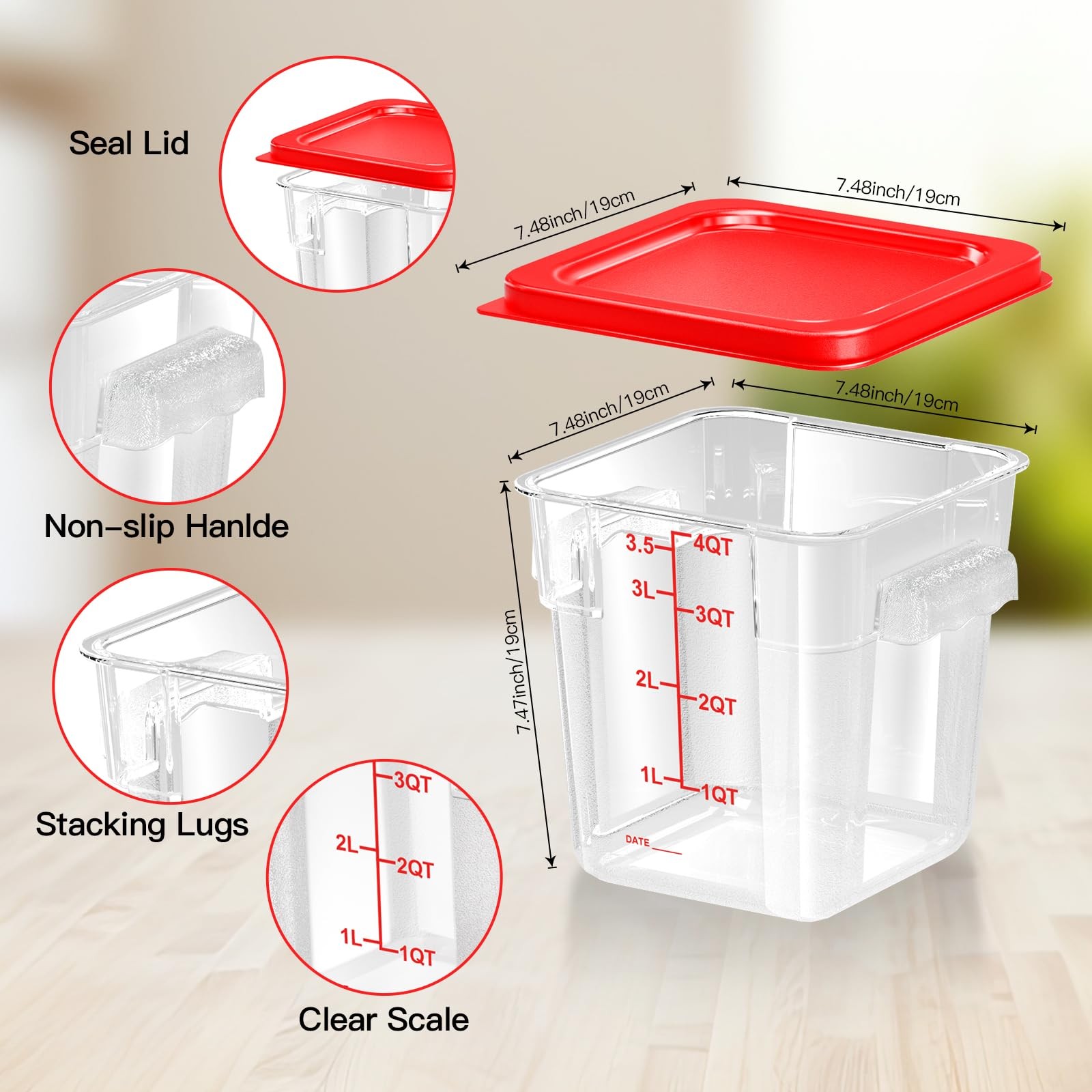 FeyBuosk 4 pcs 4qt Food Storage Containers with Lid Square Clear Commercial Food