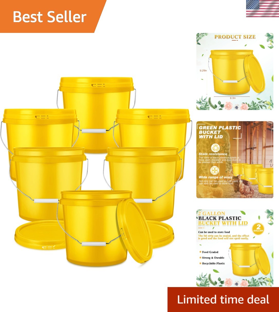 Sturdy 2 Gallon Heavy Duty Plastic Buckets with Lids – Set of 6 for Space Saving