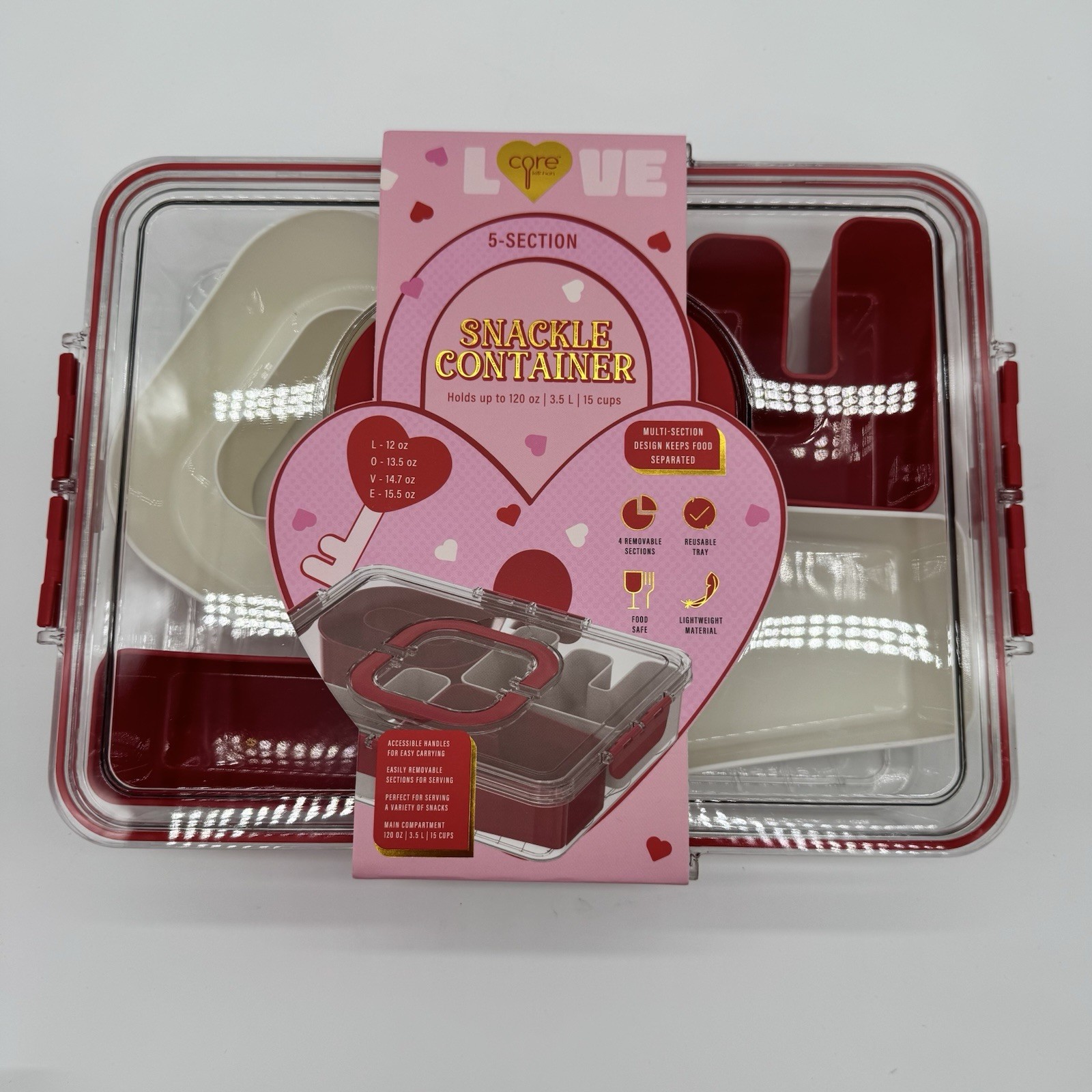 Core Kitchen “Love” 5-Section Snackle Container Valentine, 120oz/3.5L/15 Cups