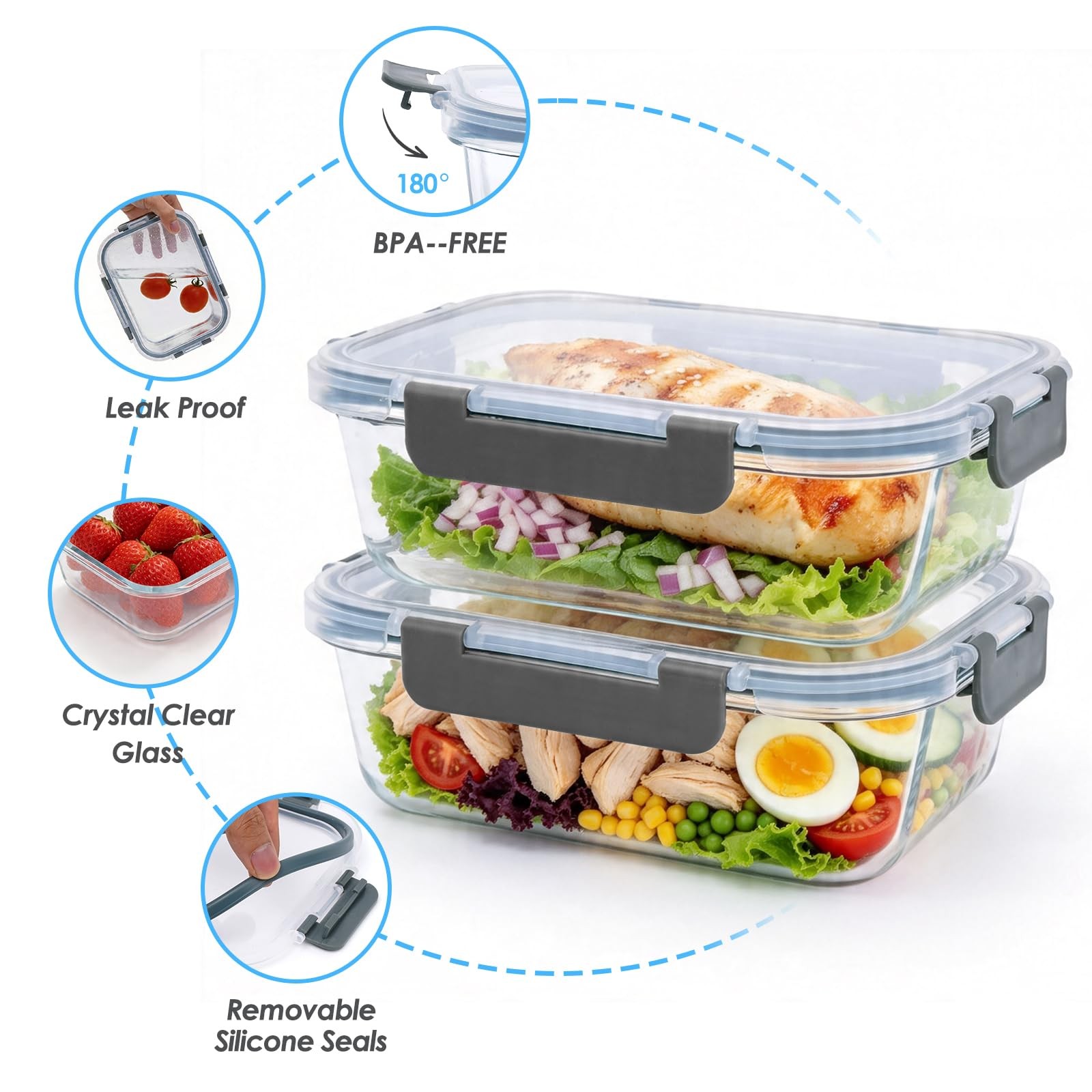 5-Pack 36oz Glass Food Storage Containers with Lids Airtight, Glass Meal Prep…