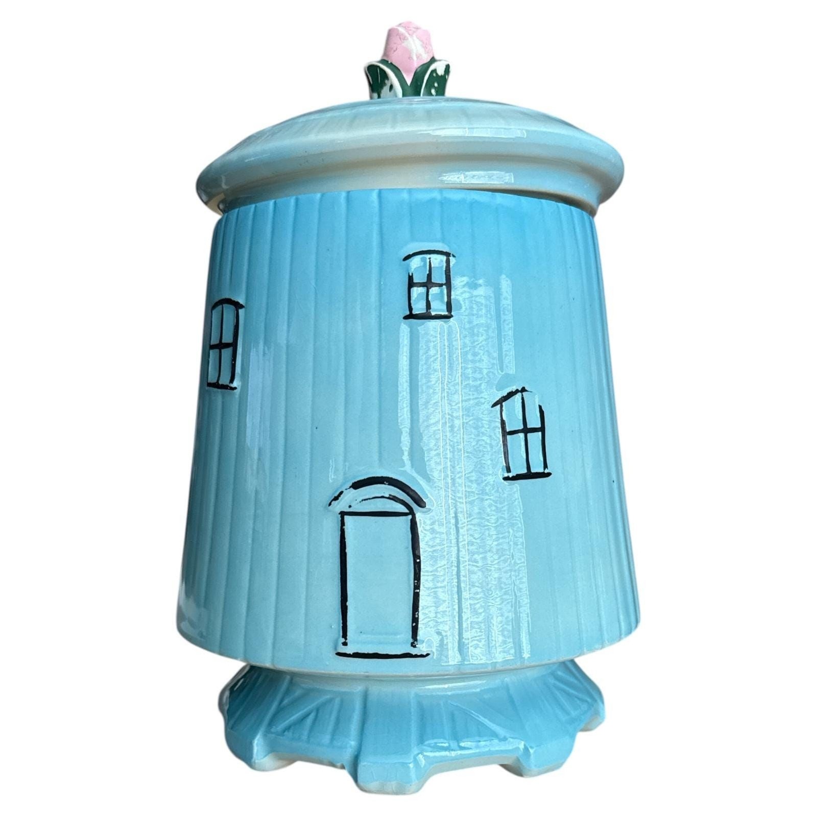 VTG 1960s McCoy Blue Windmill Cookie Jar Pink Rose Lid Farmhouse Kitchen