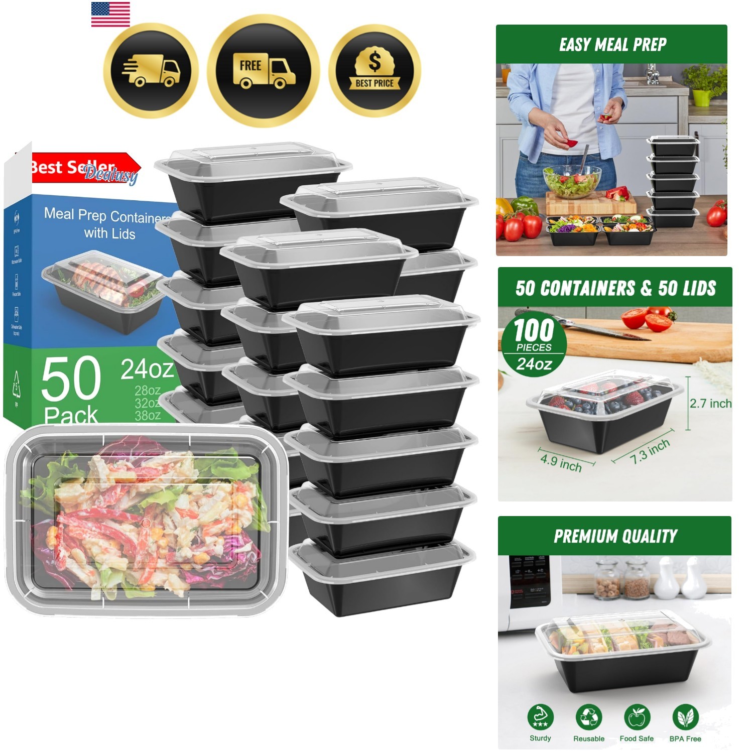 50 Pack 100-Piece 24 oz Meal Prep Containers Reusable with Lids, Sturdy Leakp…