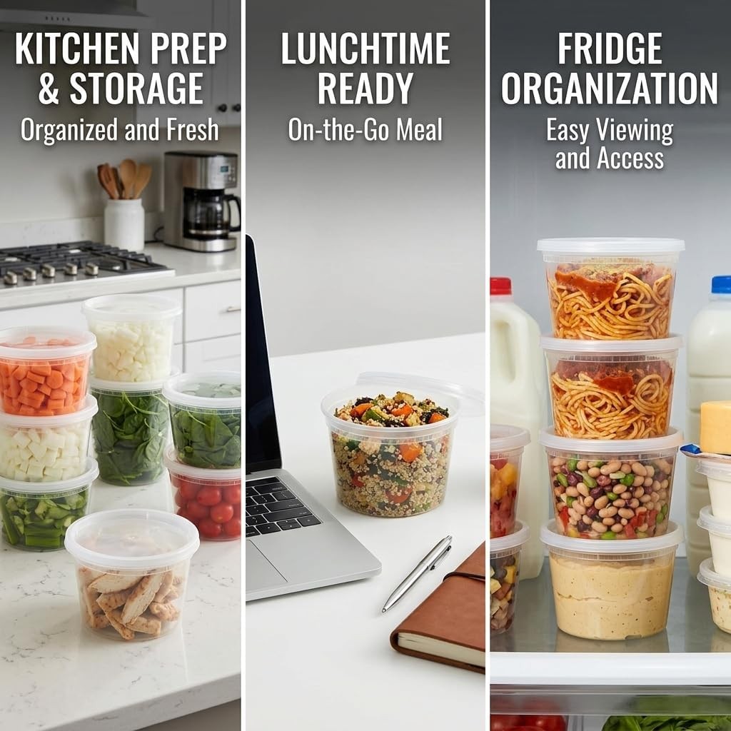16 oz Clear Deli Containers with Lids. Pack of 12. Airtight Reusable Plastic