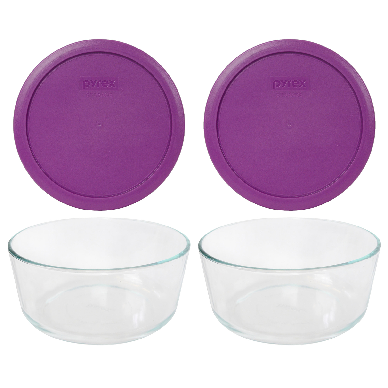 Pyrex (2) 7203 7-Cup Glass Bowls & (2) 7402-PC Thistle Purple Lids