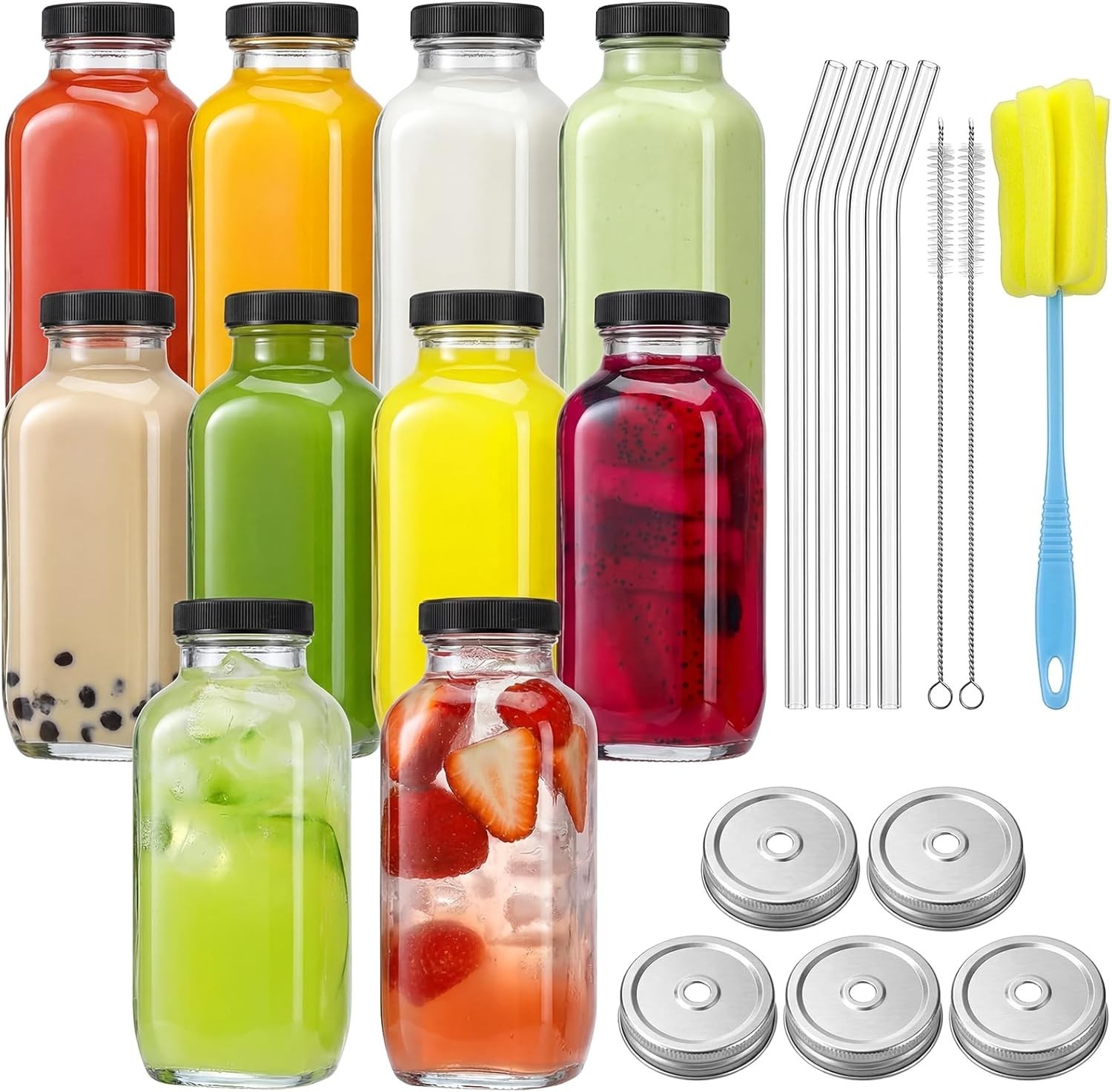 CUCUMI 4pcs 16oz Glass Juice Bottles with Lids, Reusable Clear