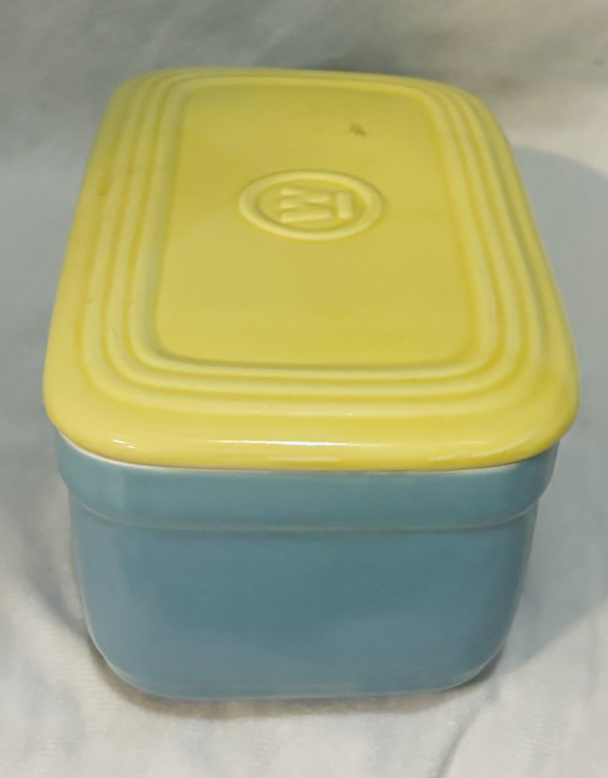 Vintage Westinghouse Refrigerator Dish Box Pottery Blue Yellow Hall China Co