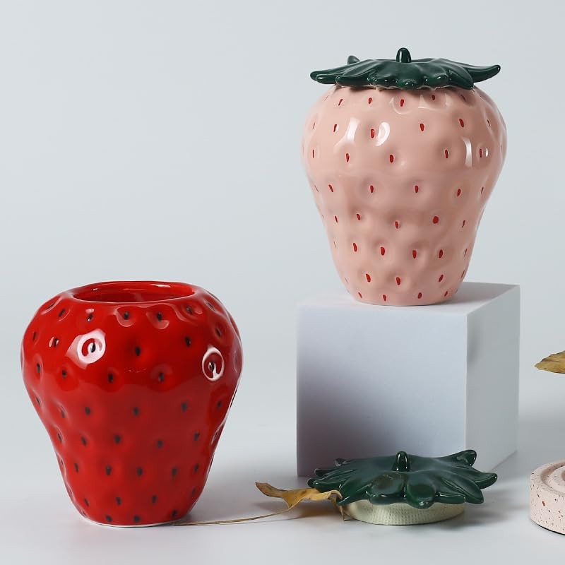 123Arts Container Strawberry Candy Dish Ceramic Food Storage with Seal Pink