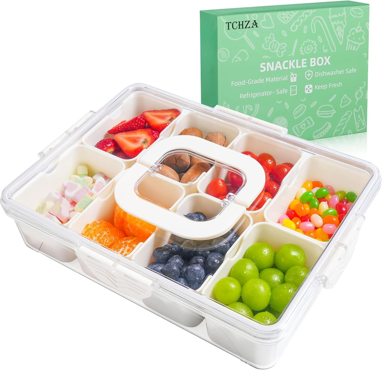 Snackle Box Container, Dishwasher Safety – Divided Serving Tray with Lid and Han