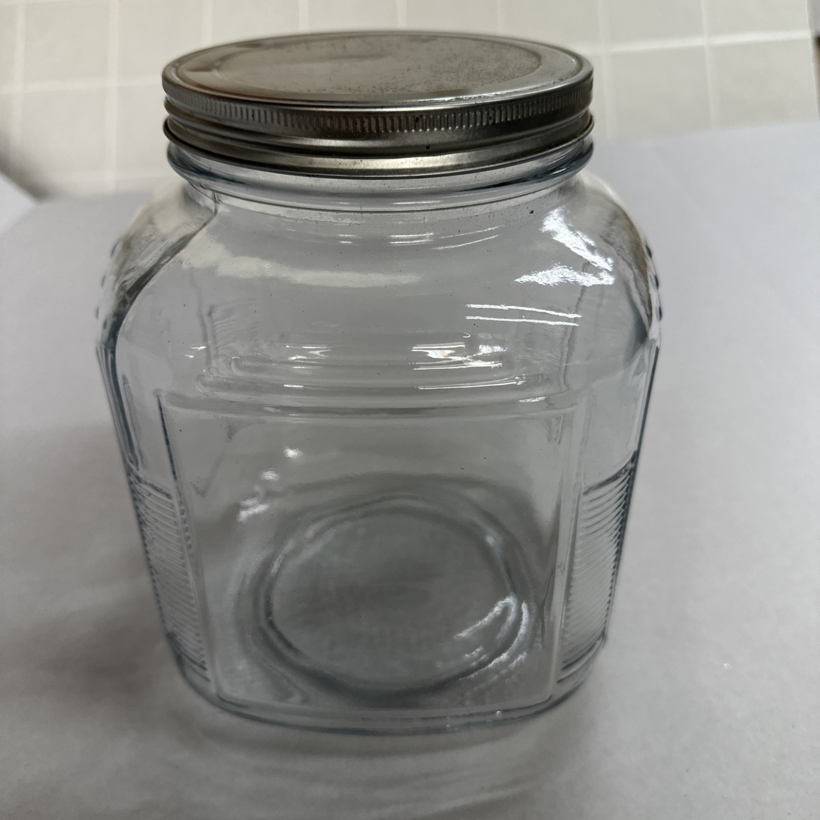 One Gallon Square Glass Wide Storage Jar & Lid Ribbed Corners Anchor Hocking