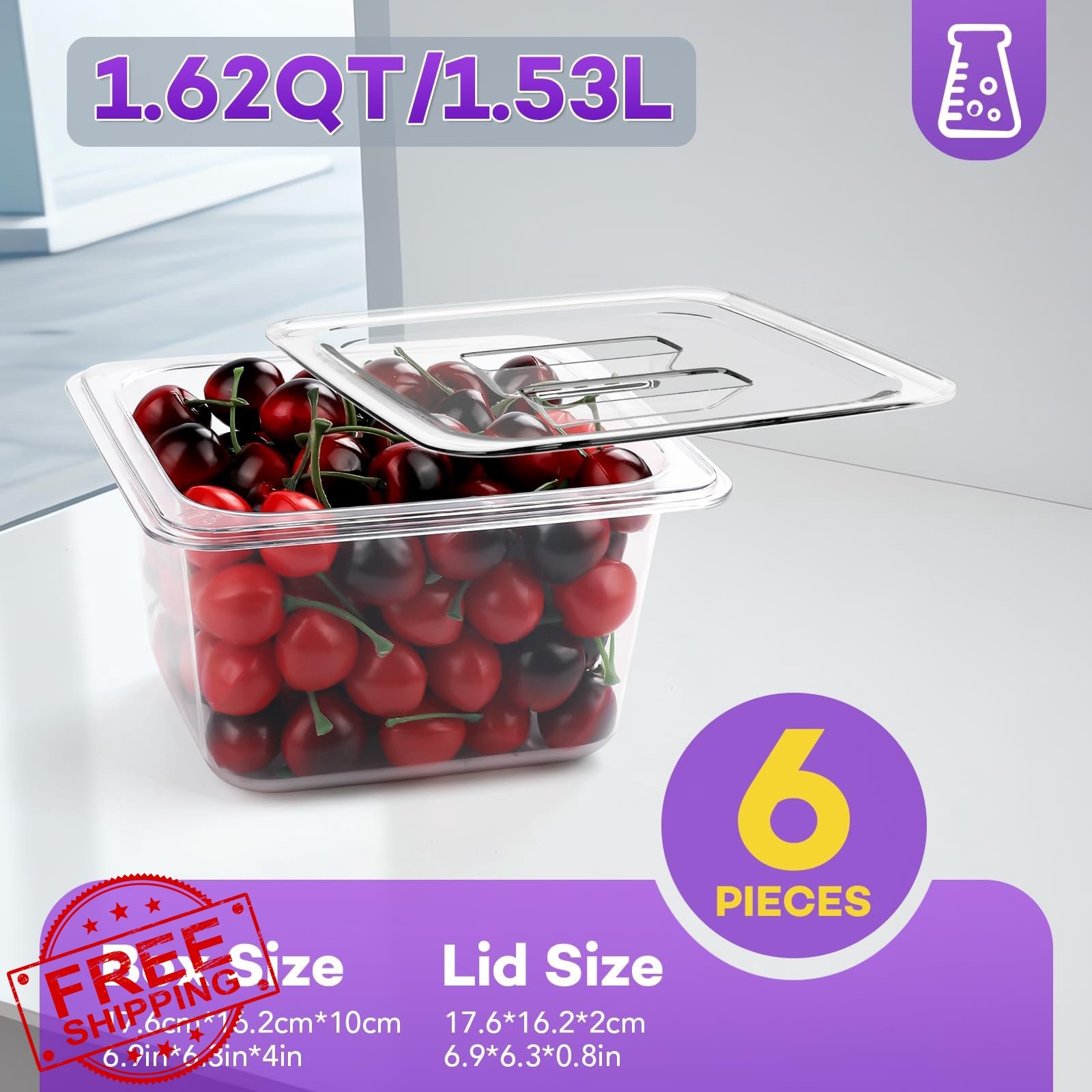 VOISEN 6 Pack 1/6 4″ Deep Food Pan Clear