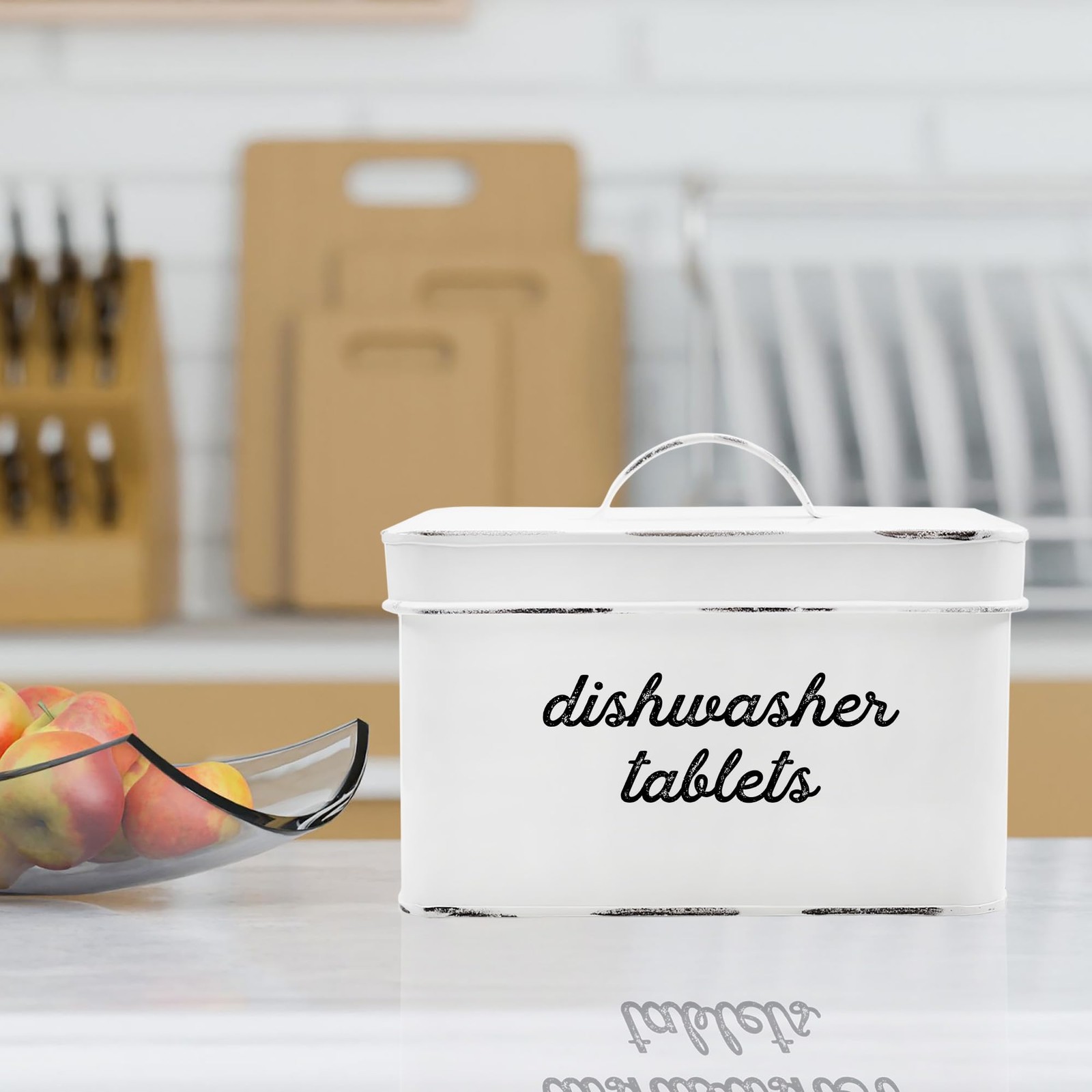 Dishwasher Pod Holder, Container; White Enamelware Rustic Kitchen Storage Tin…