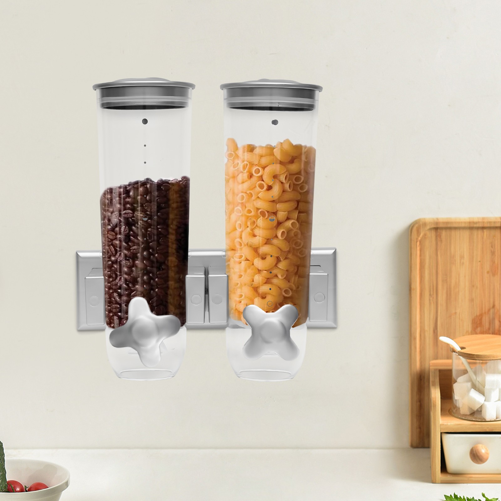 Wall Mount 2 Bucket Food Storage Dispenser Coffee/Bean/Candy/Rice Silver 3L